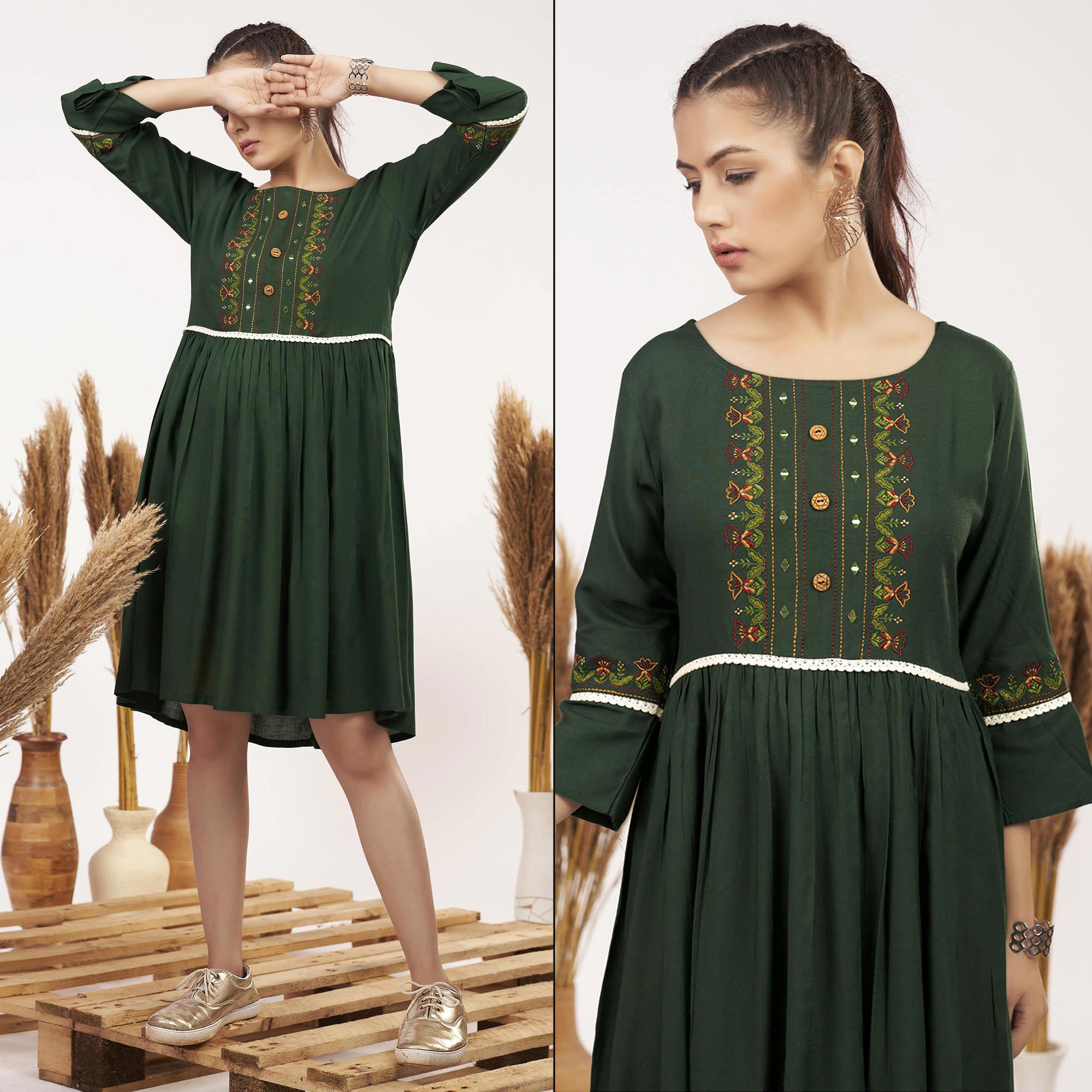 Bottle Green Floral Embroidered Rayon Short Dress