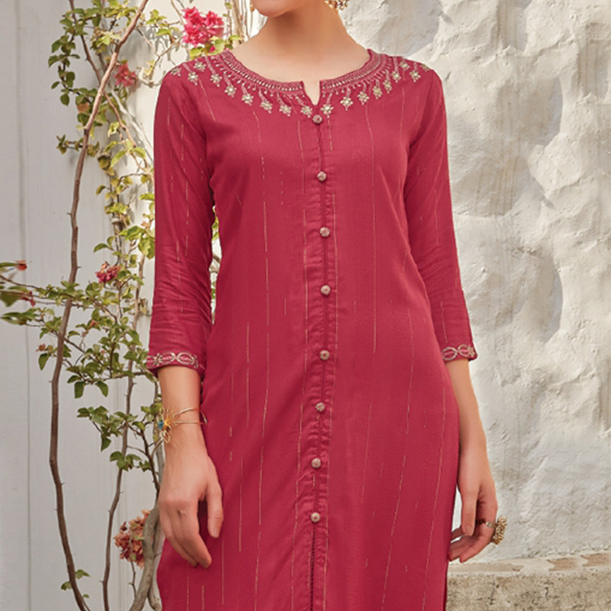 Pink Floral Embroidered Cotton Blend Kurti