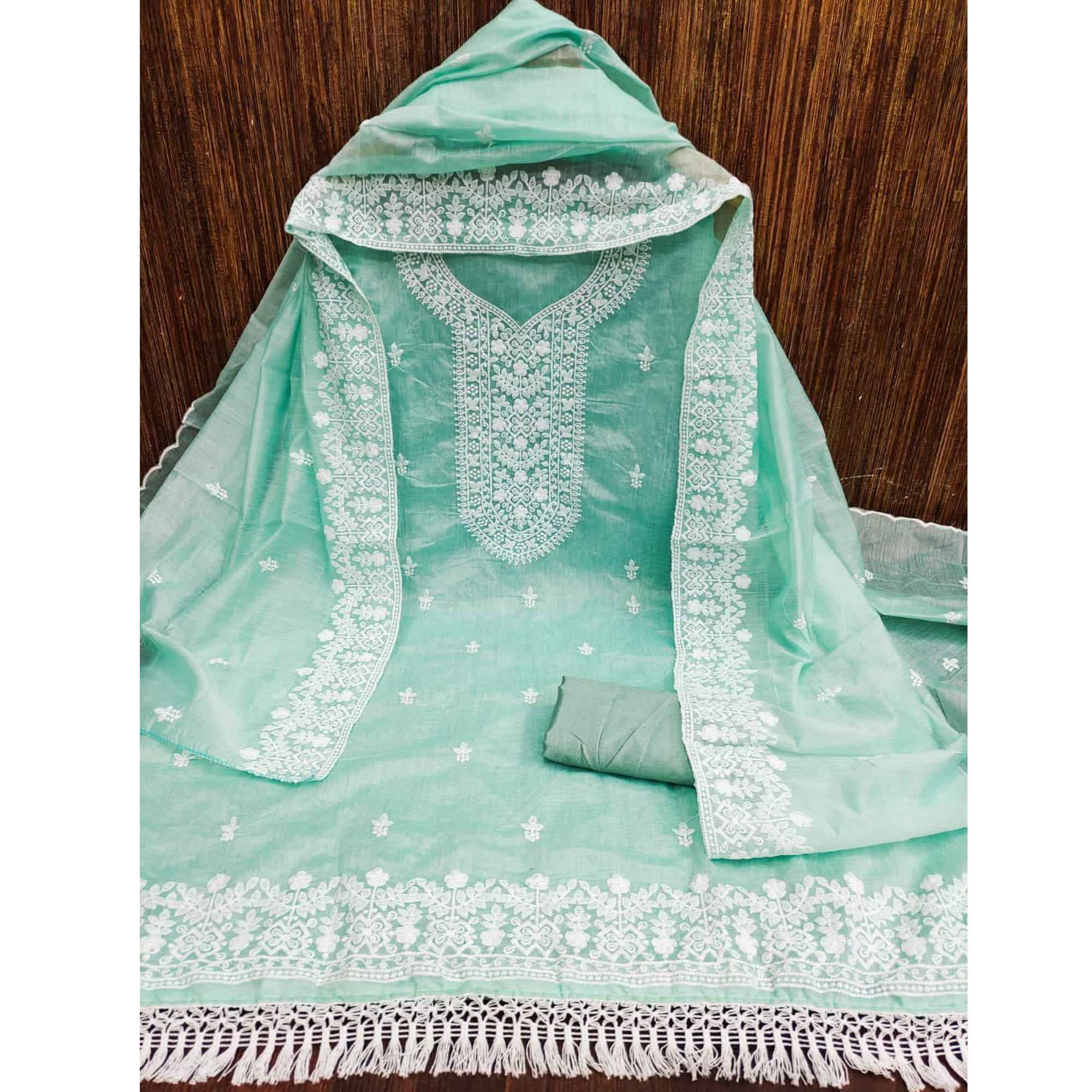 Sea Green Lucknowi Embroidered Modal Dress Material