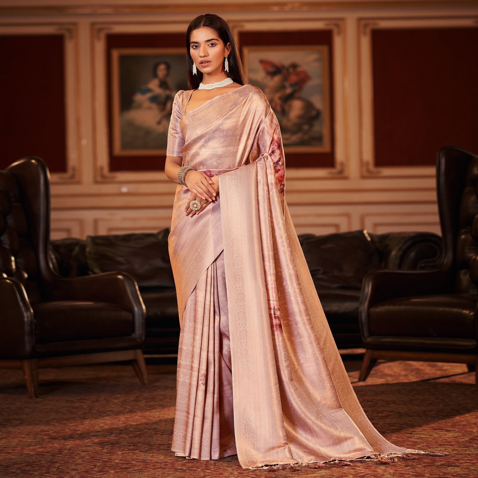 Beige Woven Jacquard Saree With Tassels