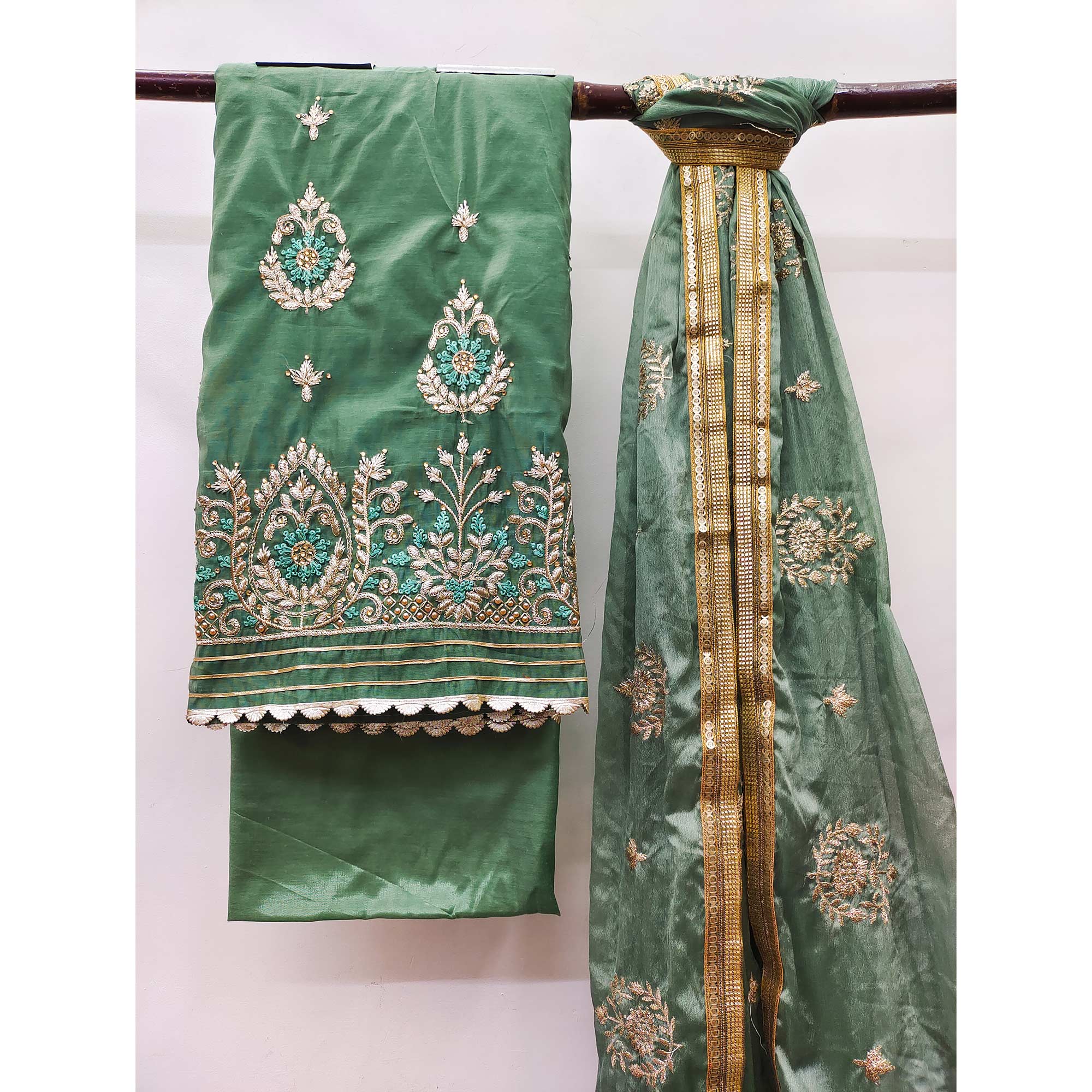 Green Floral Embroidered Modal Dress Material