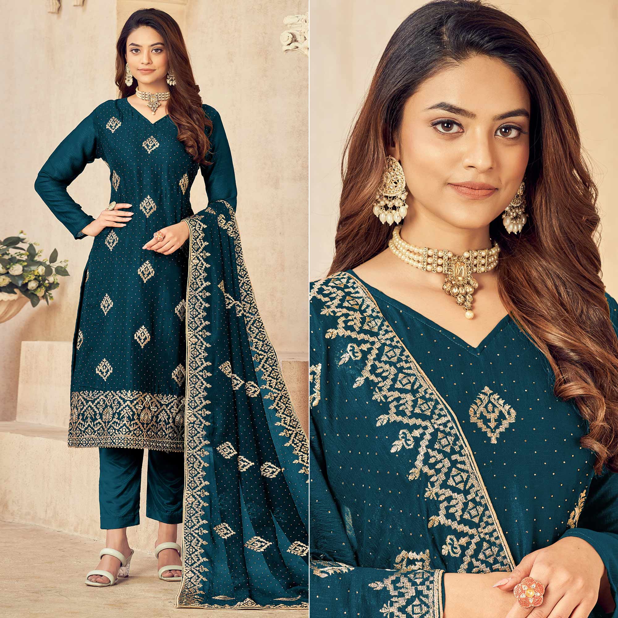 Teal Blue Embroidered Vichitra Silk Suit