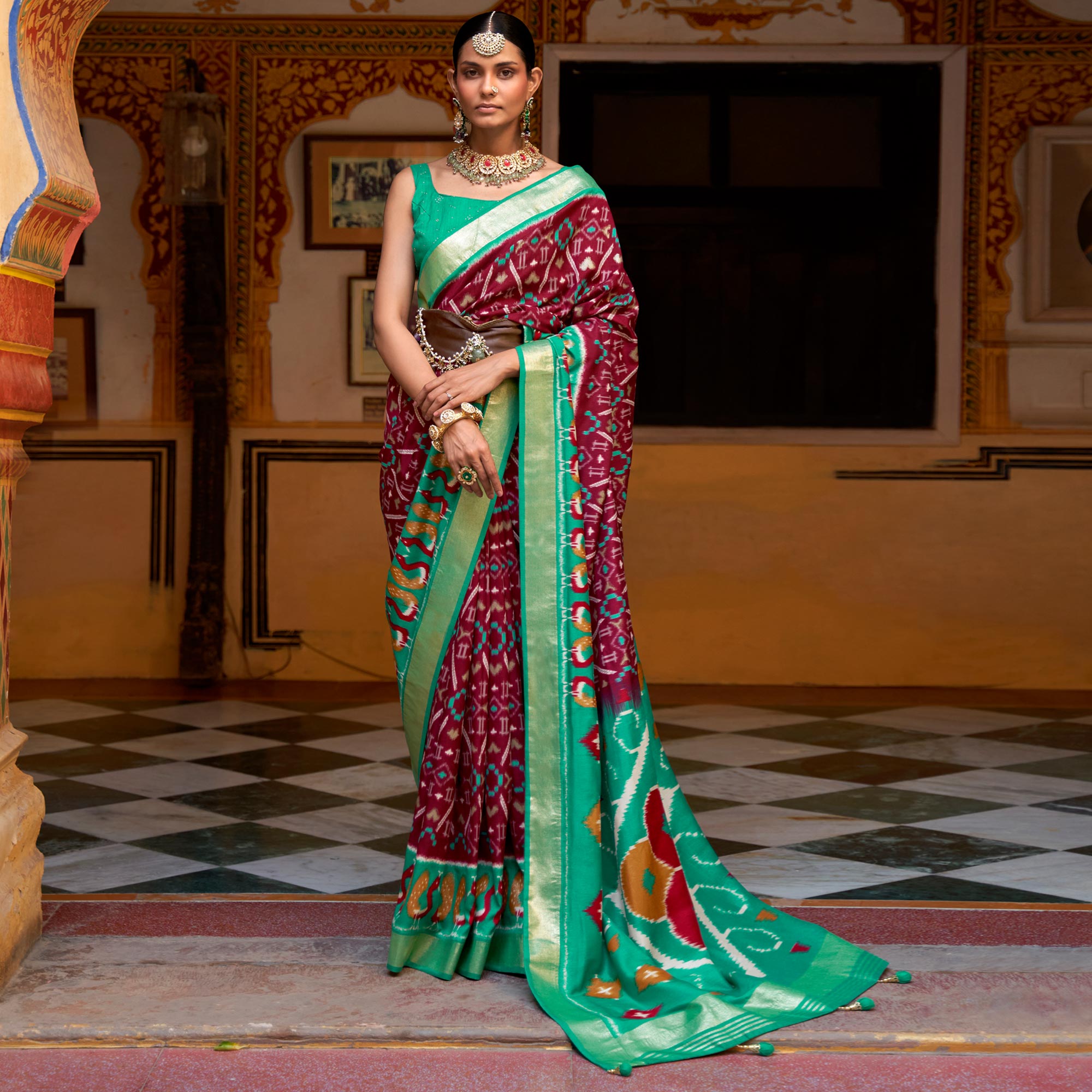 Maroon & Sea Green Printed Art Silk Saree