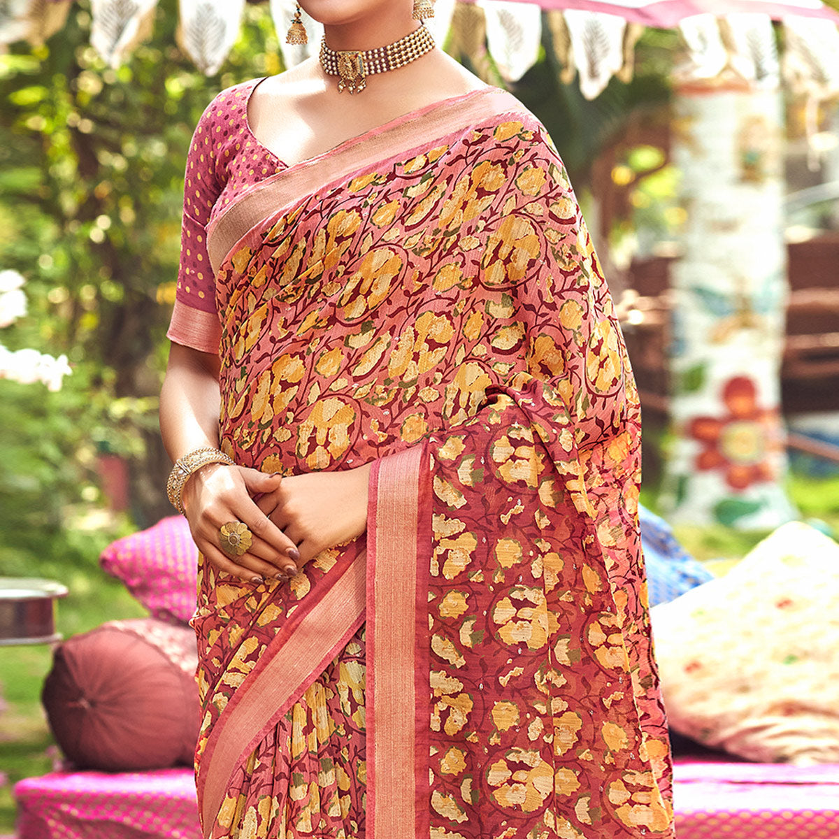 Rust Floral Printed With Woven Border Linen Saree