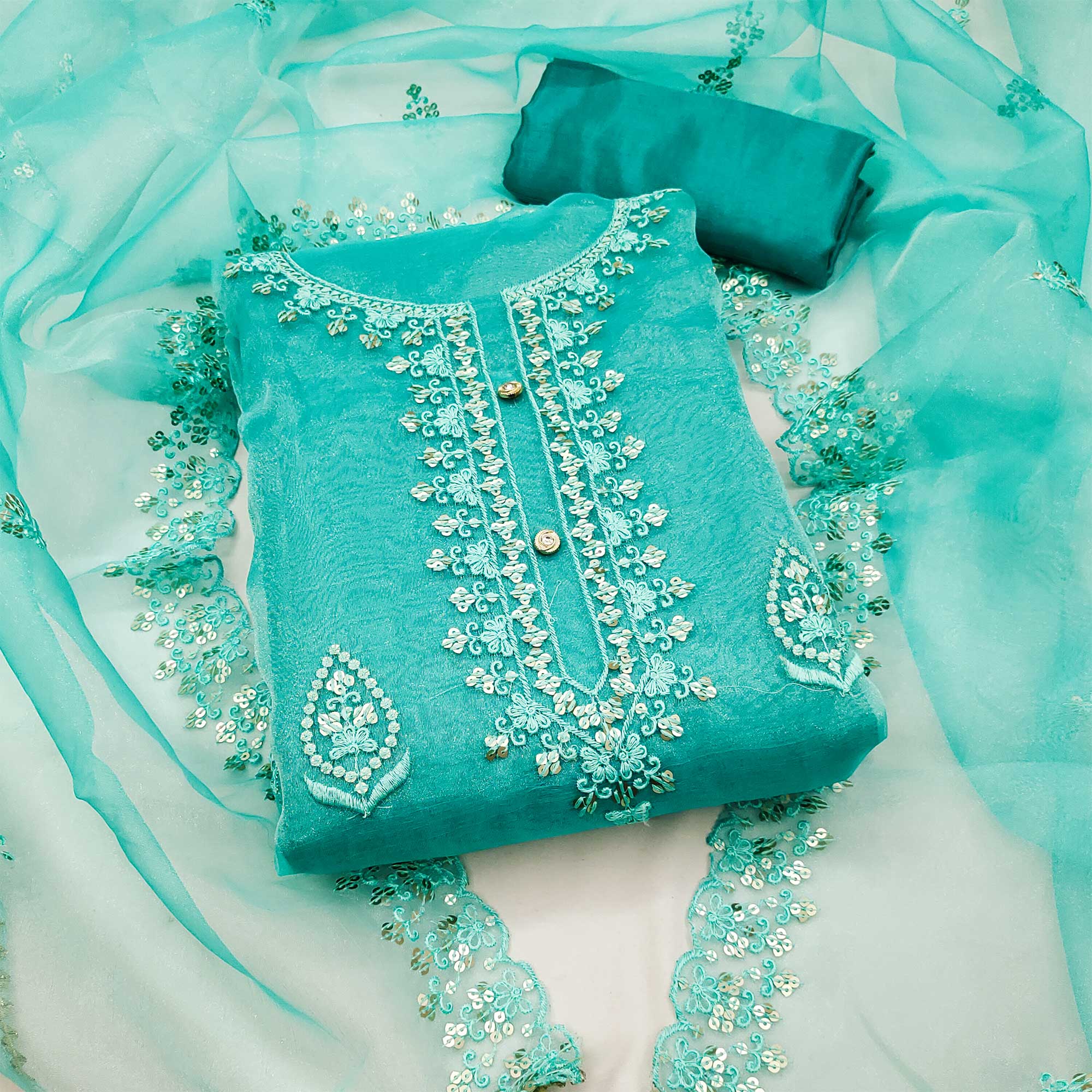 Turquoise Sequins Embroidered Organza Dress Material