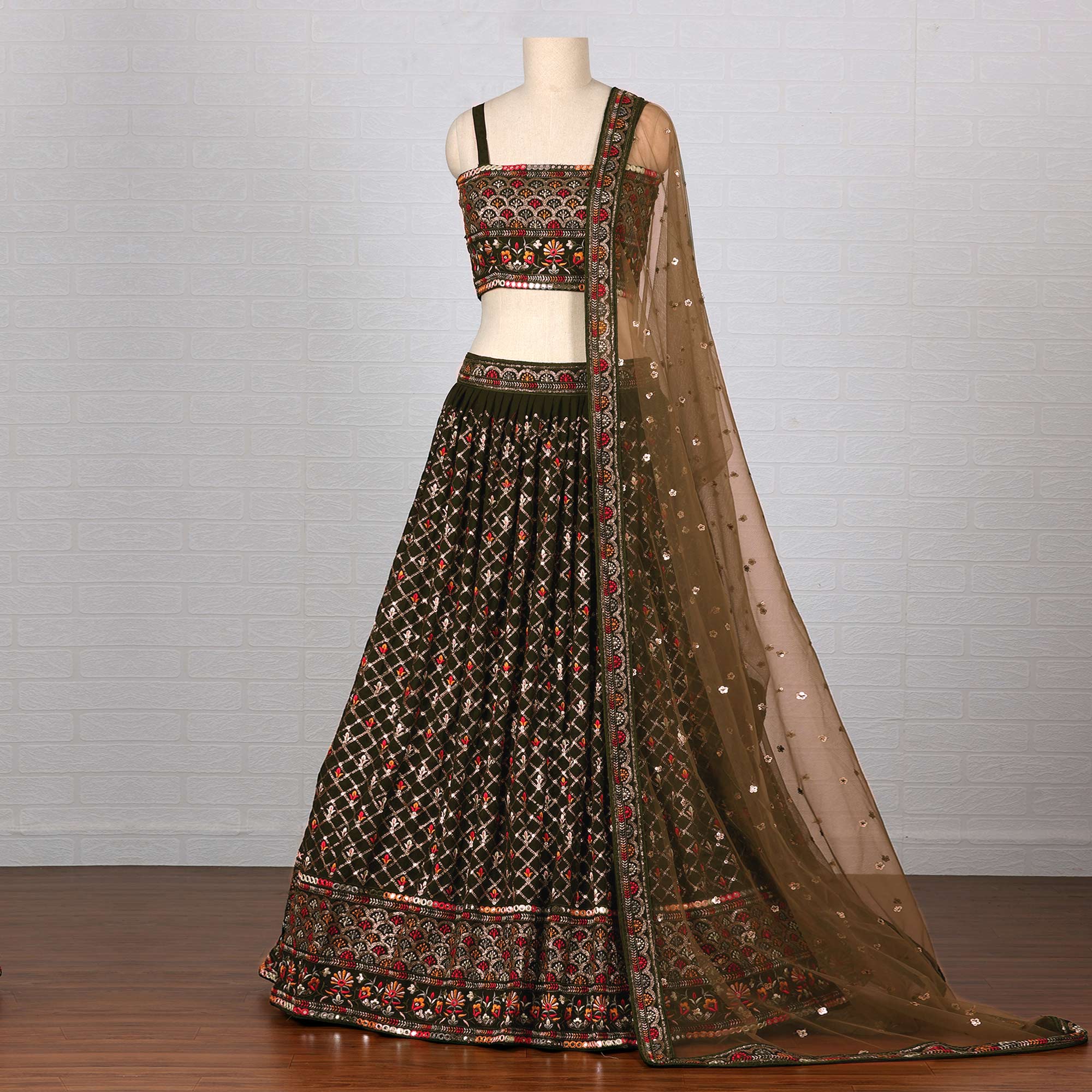 Mehendi Green Sequins Embroidered Georgette Lehenga Choli