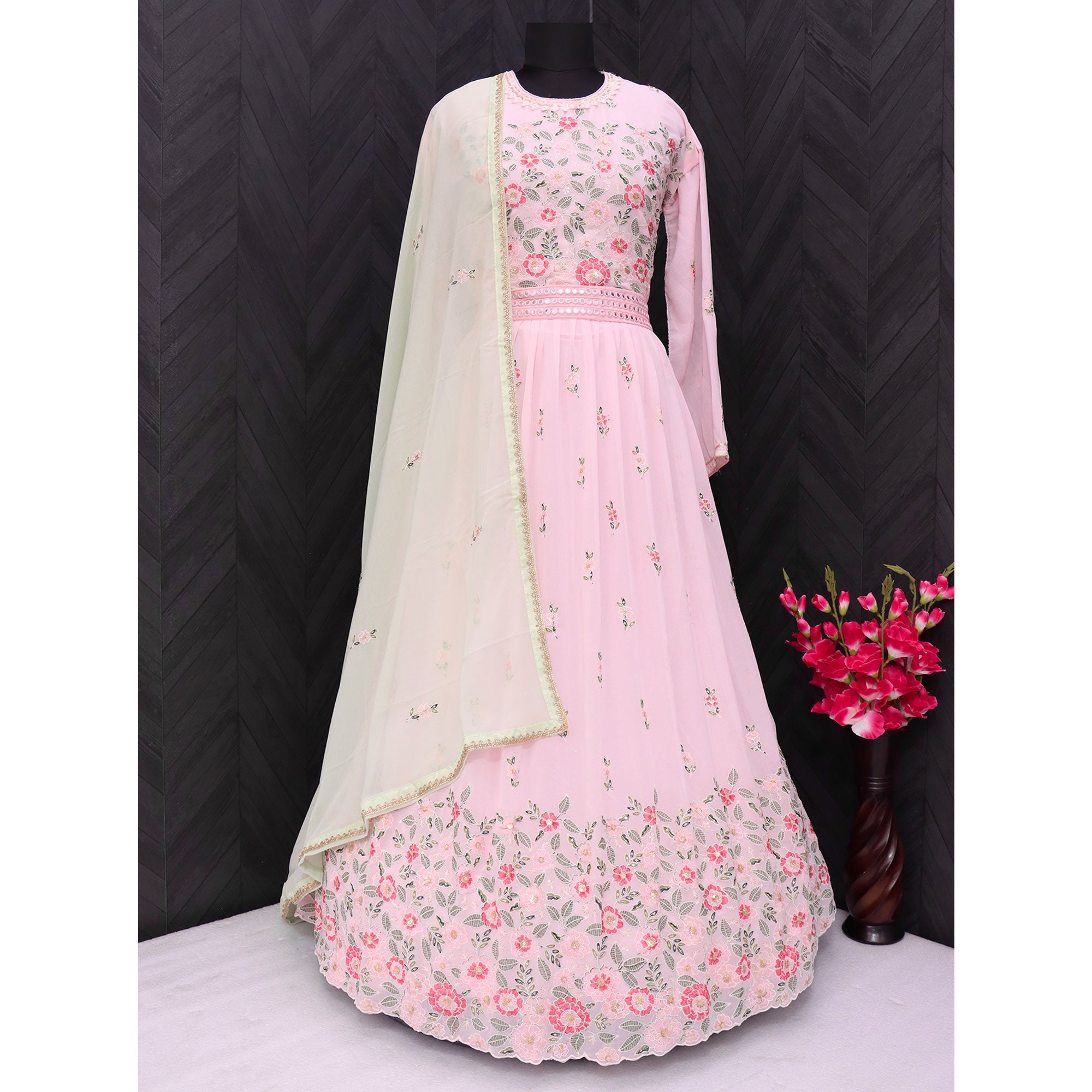 Light Pink Sequins Floral Embroidered Georgette Semi Stitched Anarkali Suit
