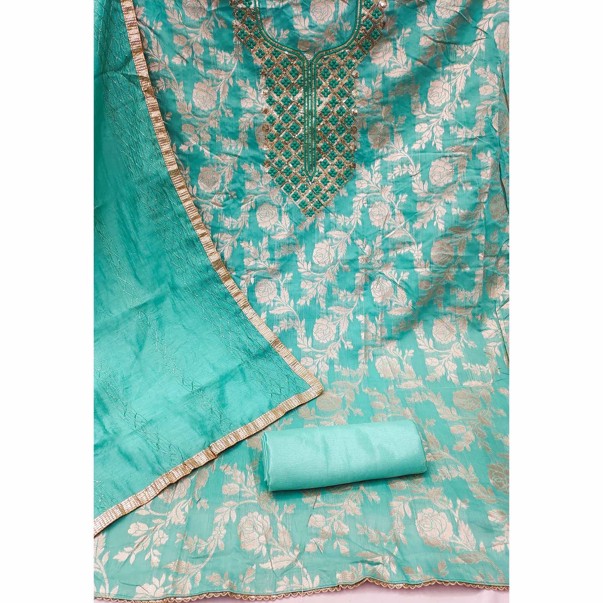 Turquoise Woven With Sequins Work Modal Dress Material