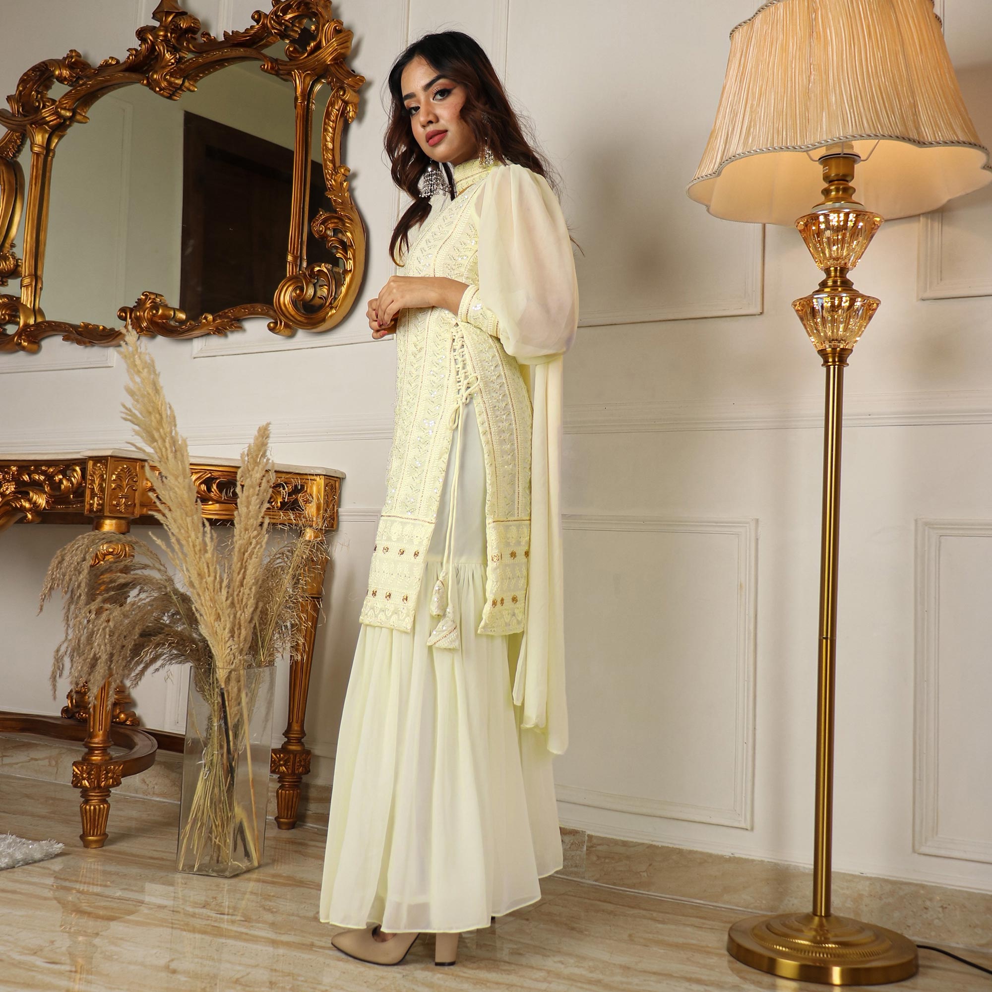 Cream Sequins Embroidered Georgette Sharara Suit