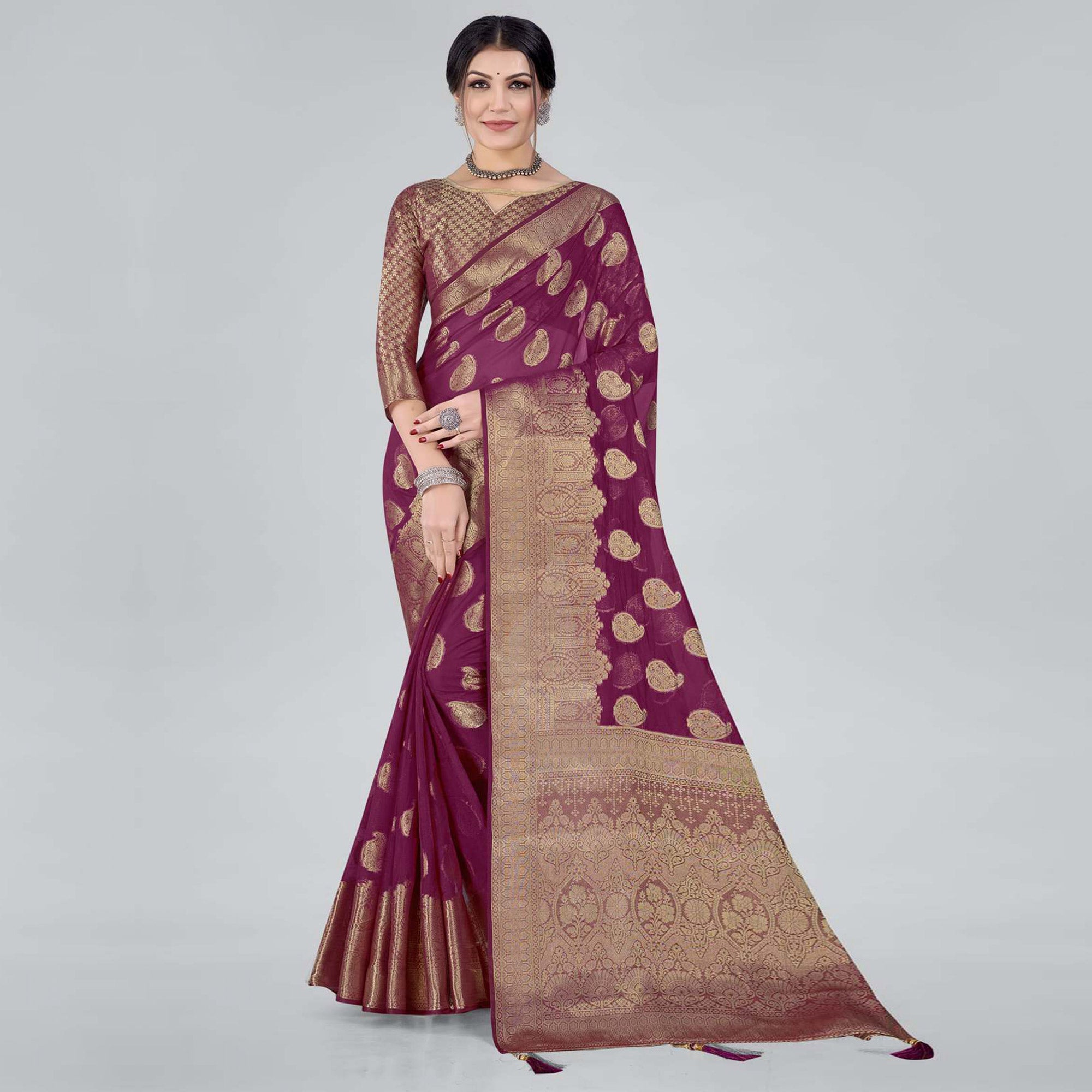 Purple Woven Organza Saree With Tassels