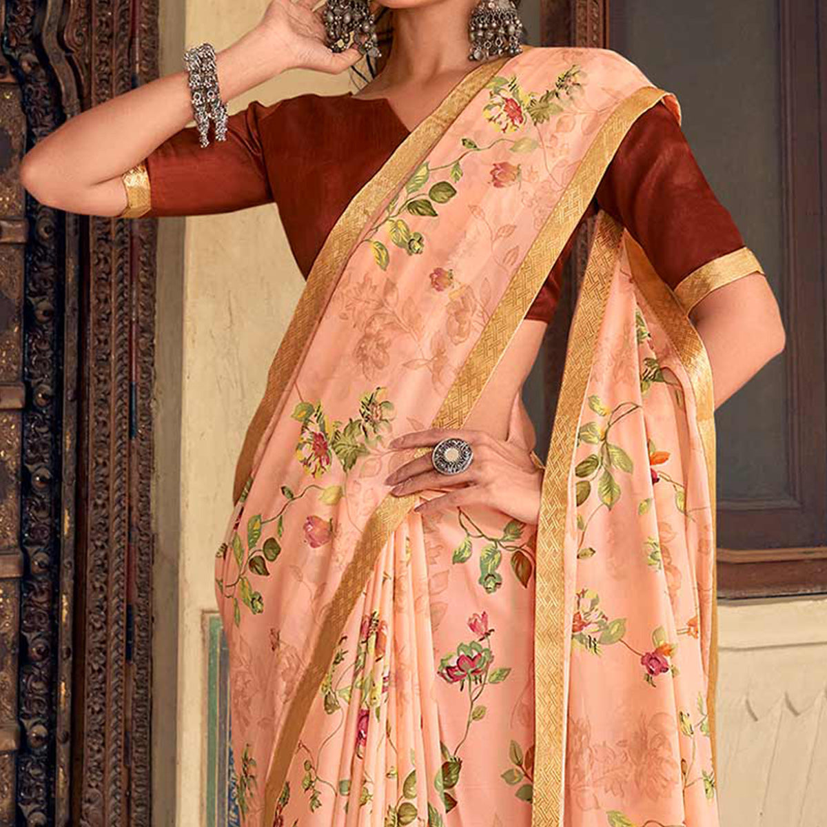 Peach Floral Printed Chiffon Saree