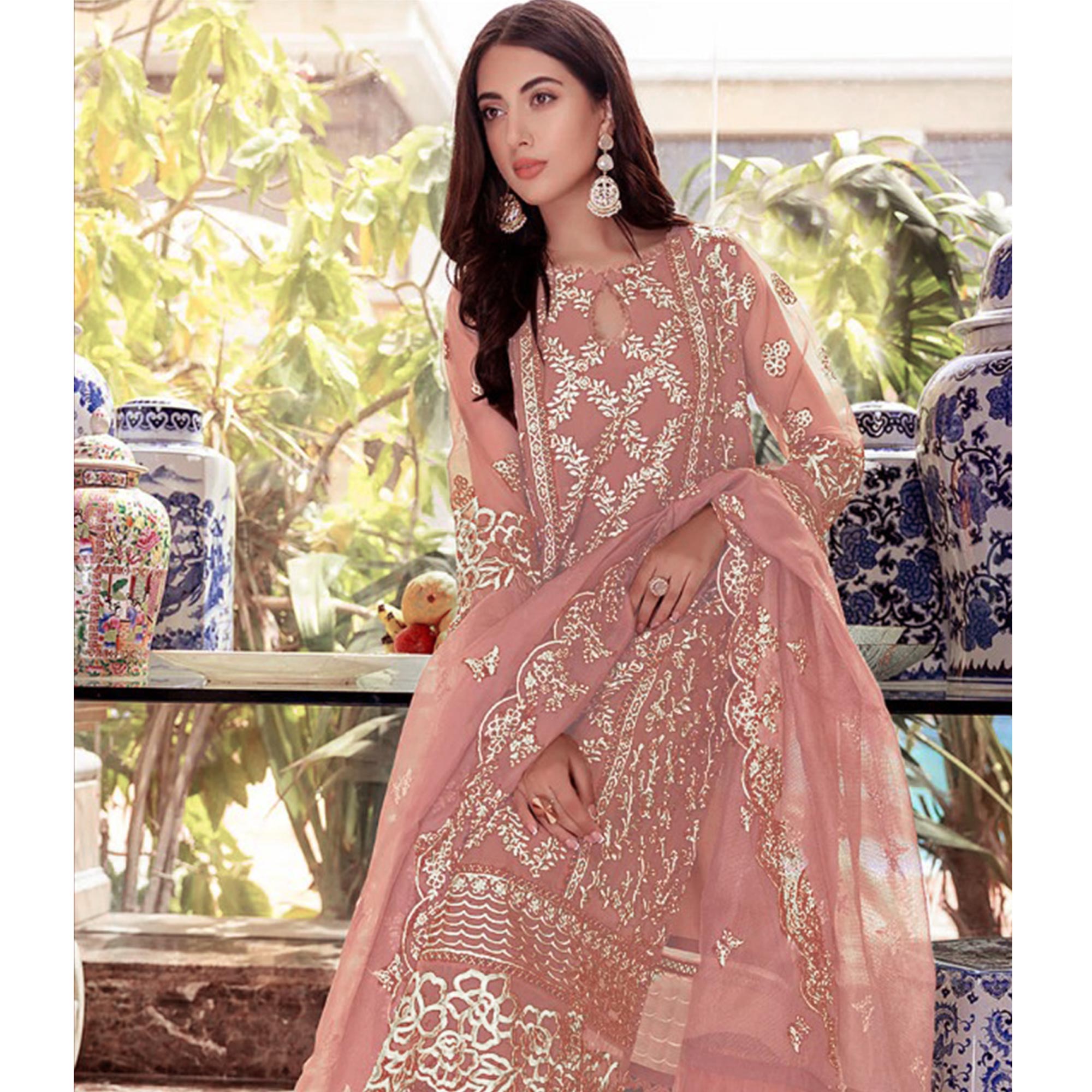 Peach Floral Embroidered Georgette Salwar Suit
