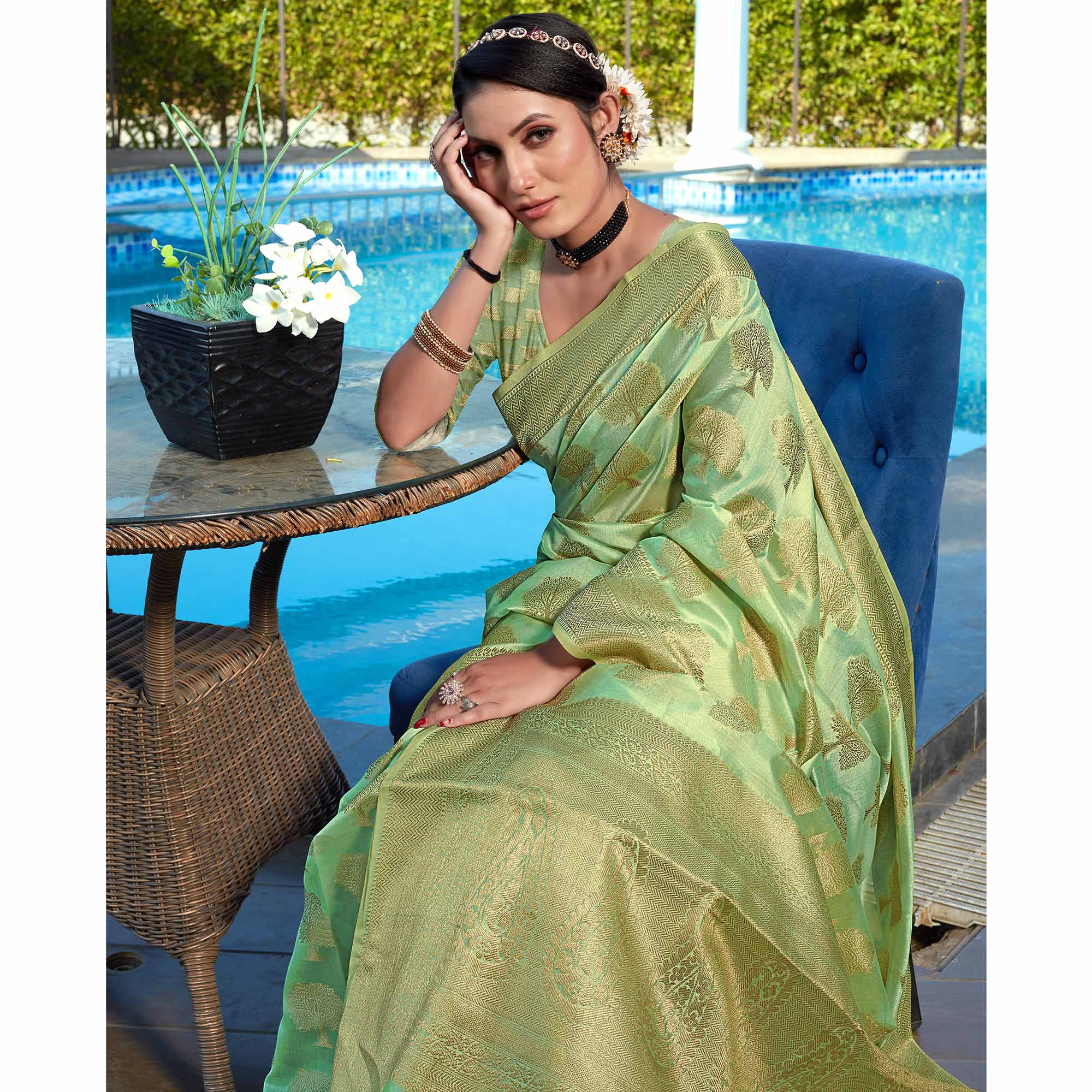 Sea Green Woven Organza Saree