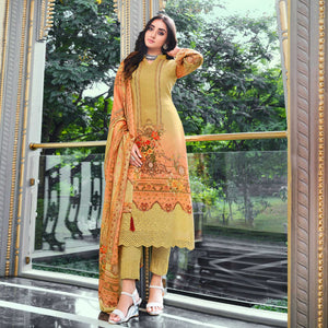 Green And Peach Digital Printed With Daman Embroidered Pure Cotton Pakistani Suit