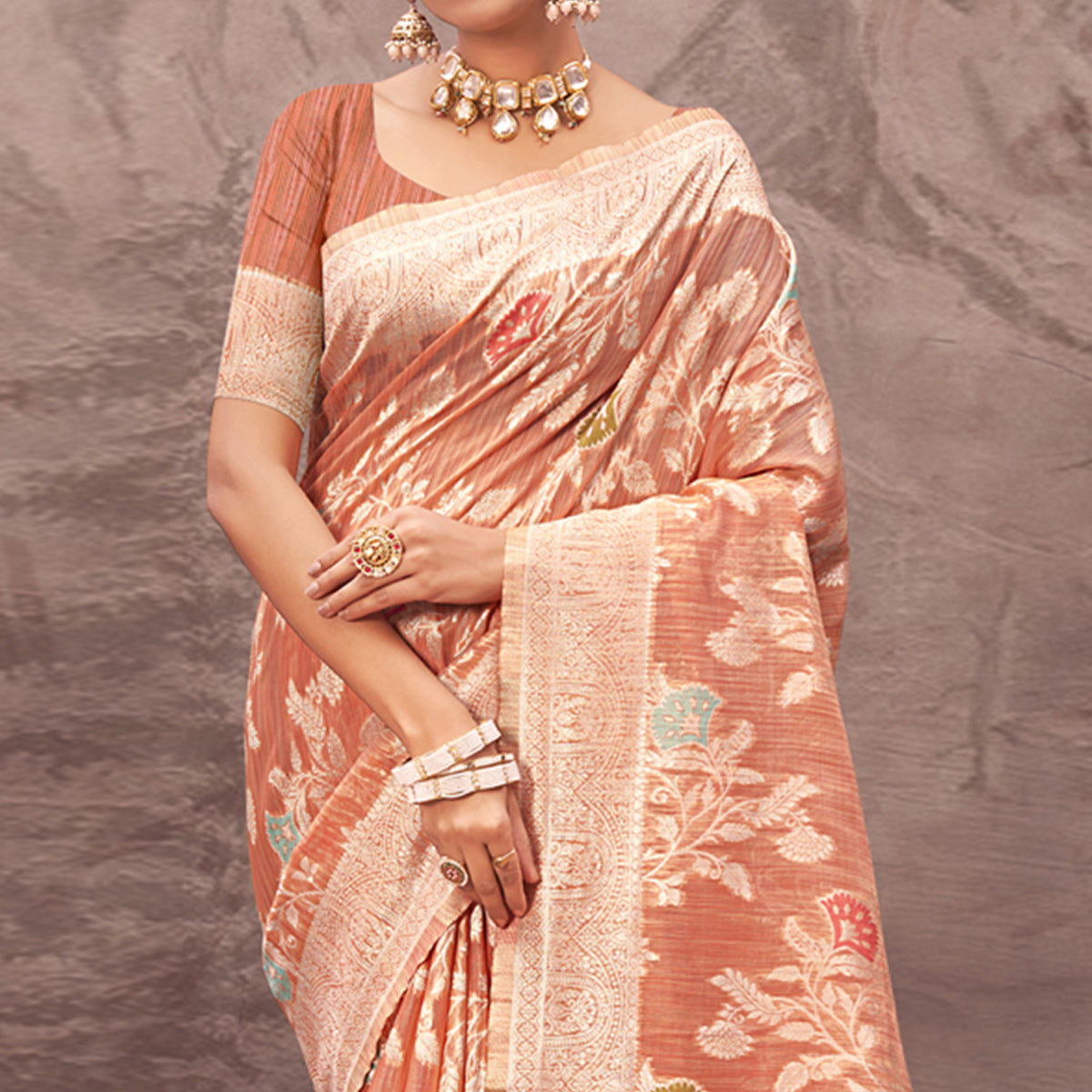 Peach Floral Woven Cotton Silk Saree