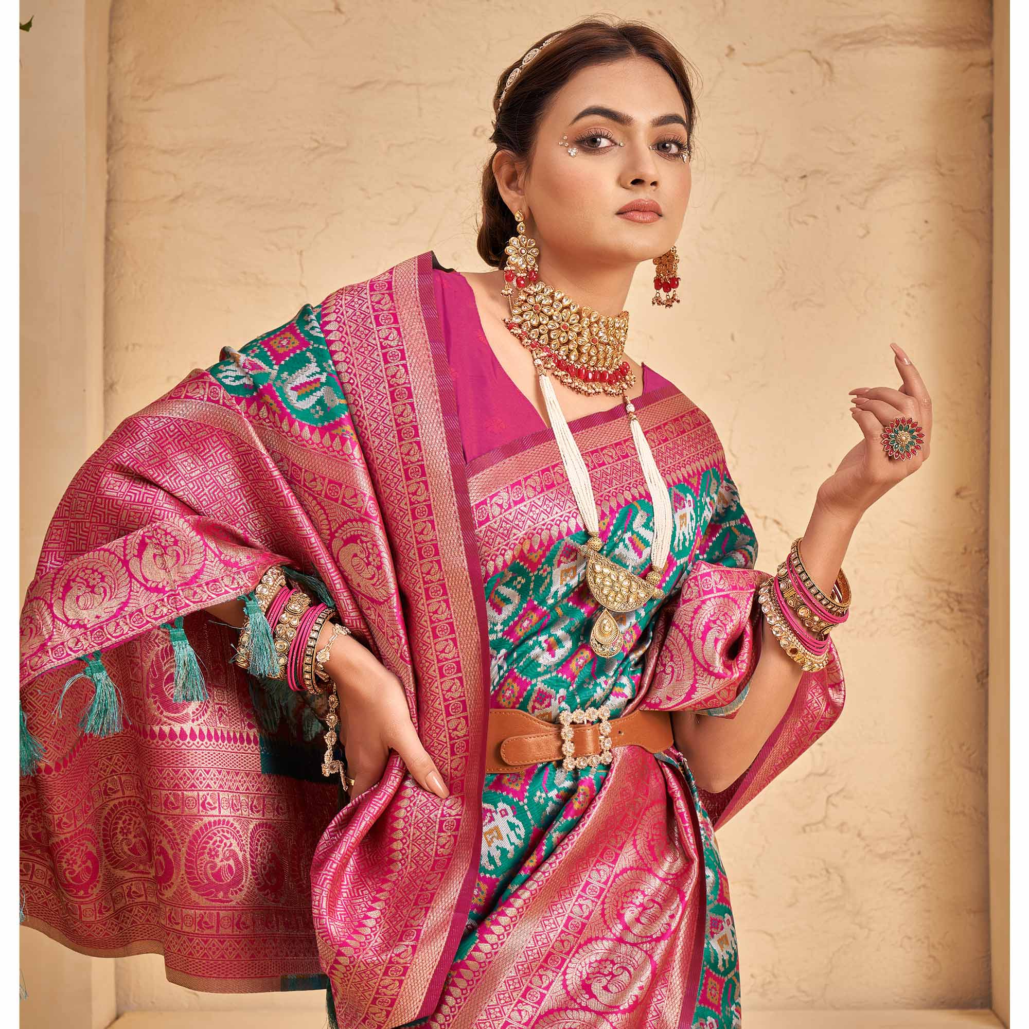Rama Green Woven Patola Art Silk Saree With Tassels
