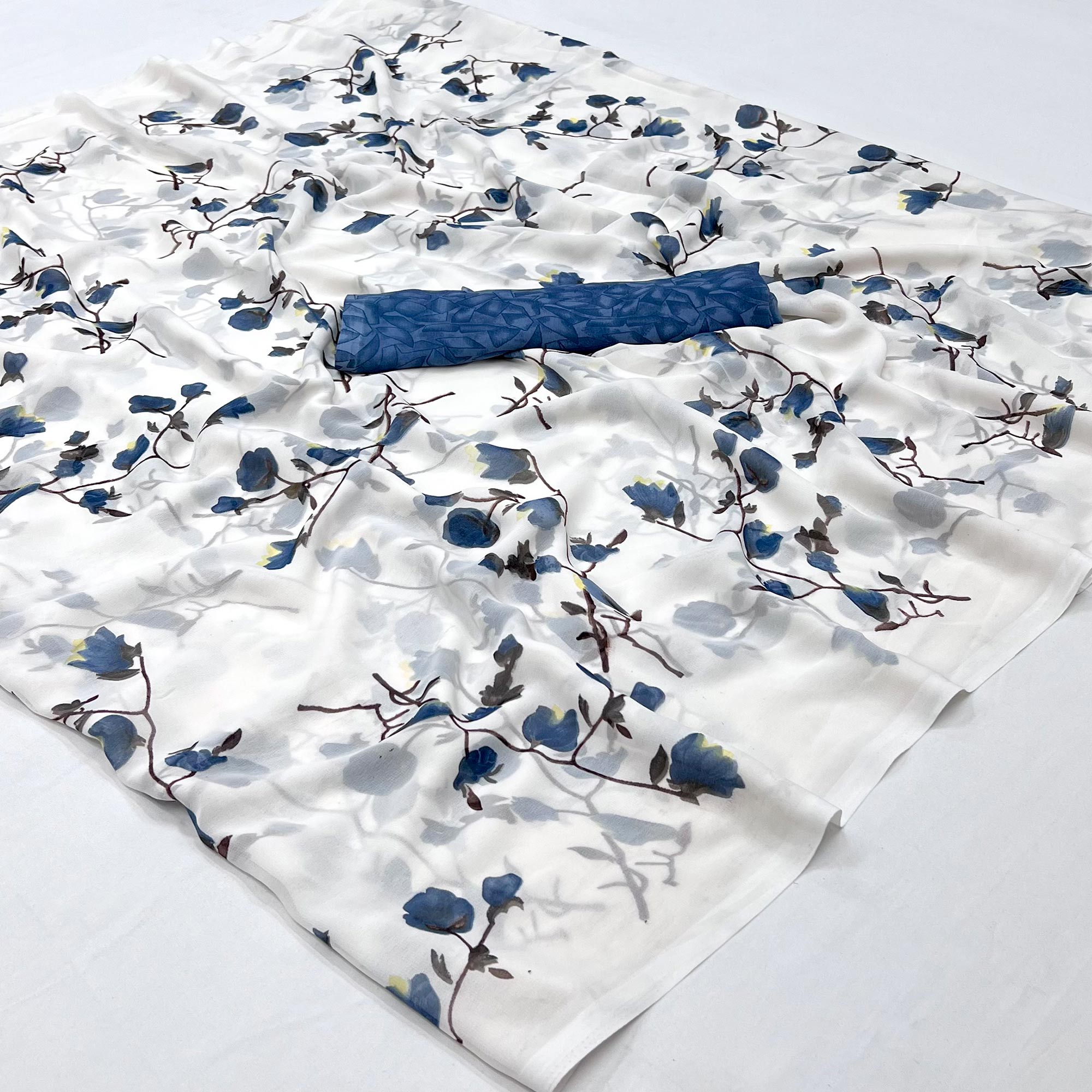 White Navy Blue Floral Printed Georgette Saree