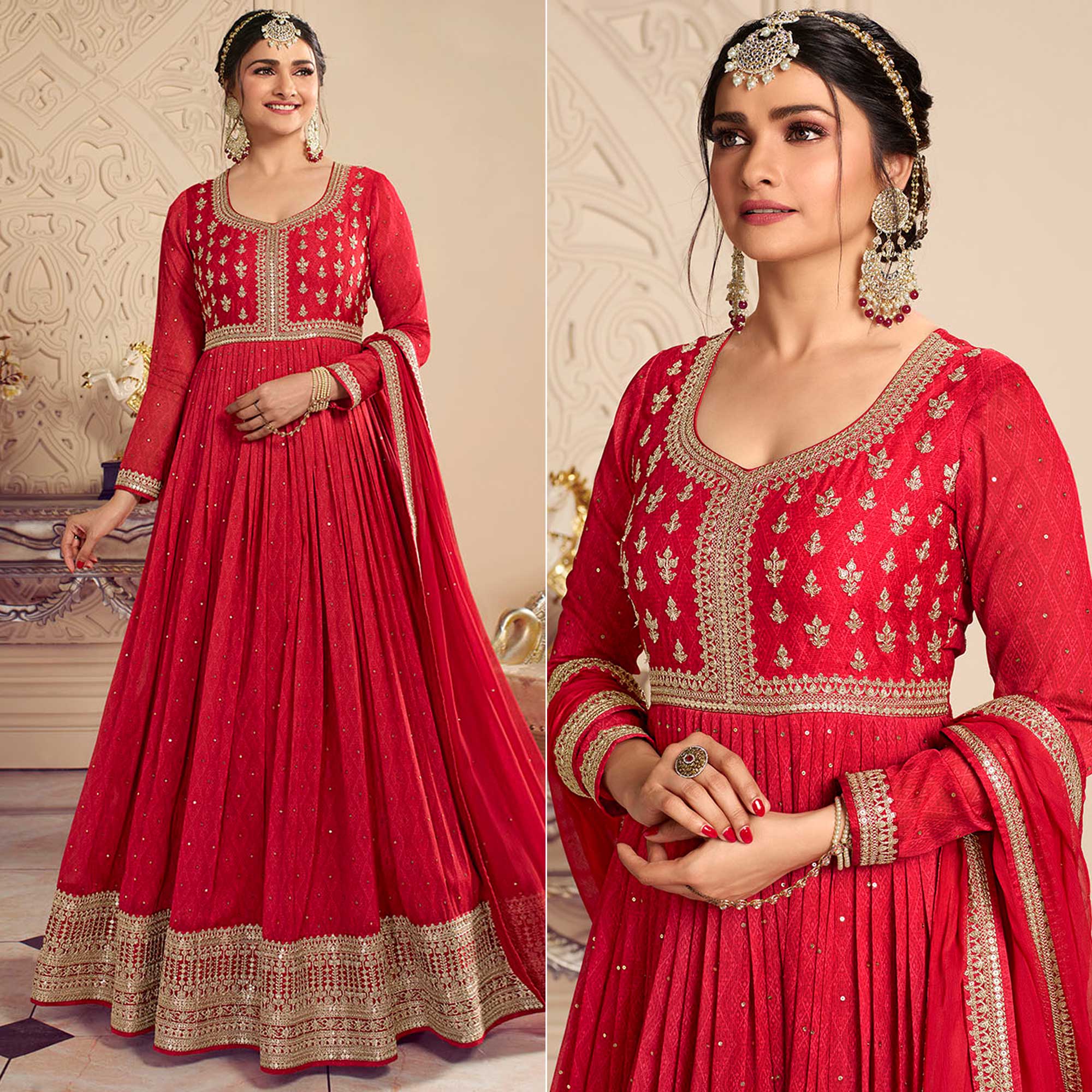 Red Printed With Embroidered Chiffon Gown