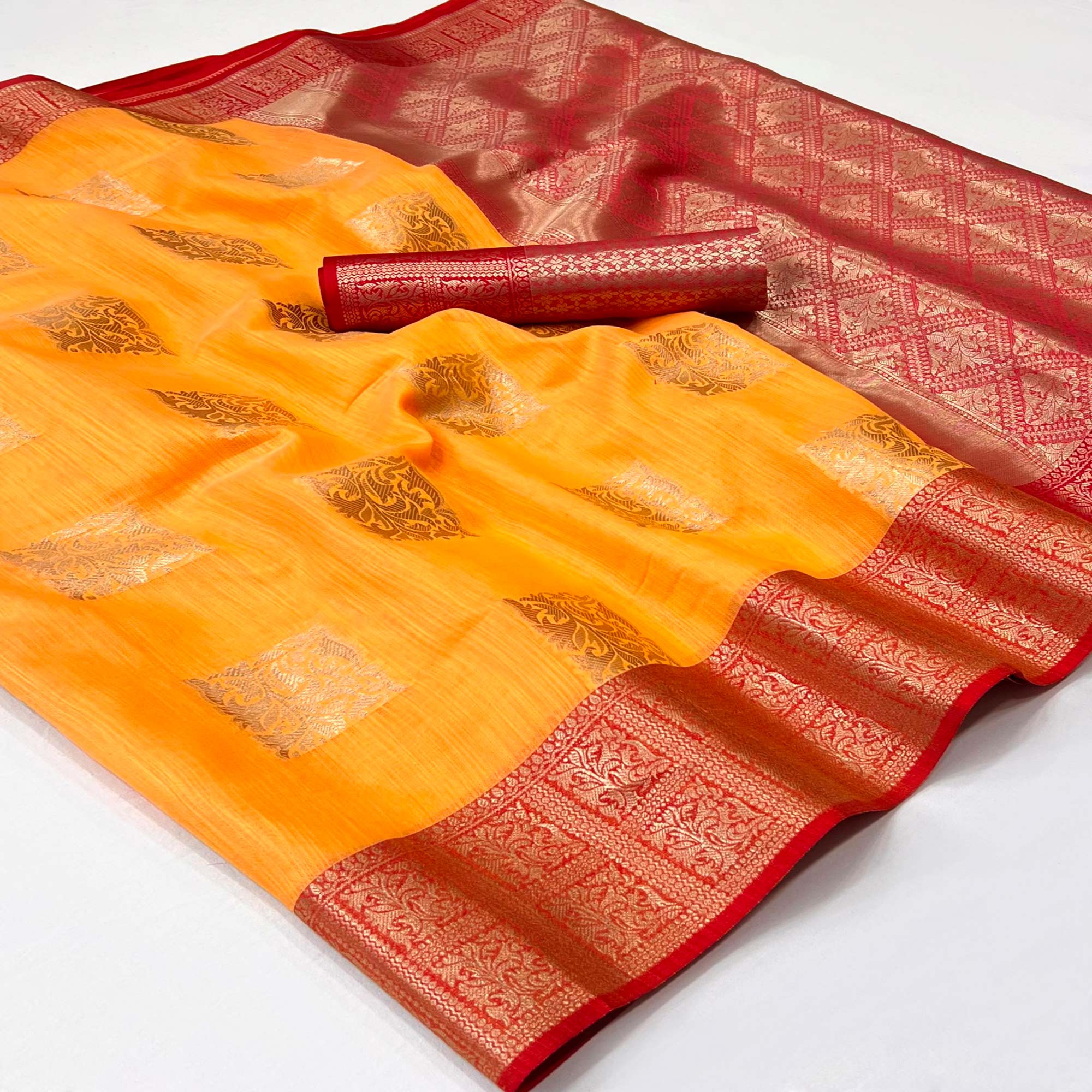 Orange Woven Linen Saree With Tassels