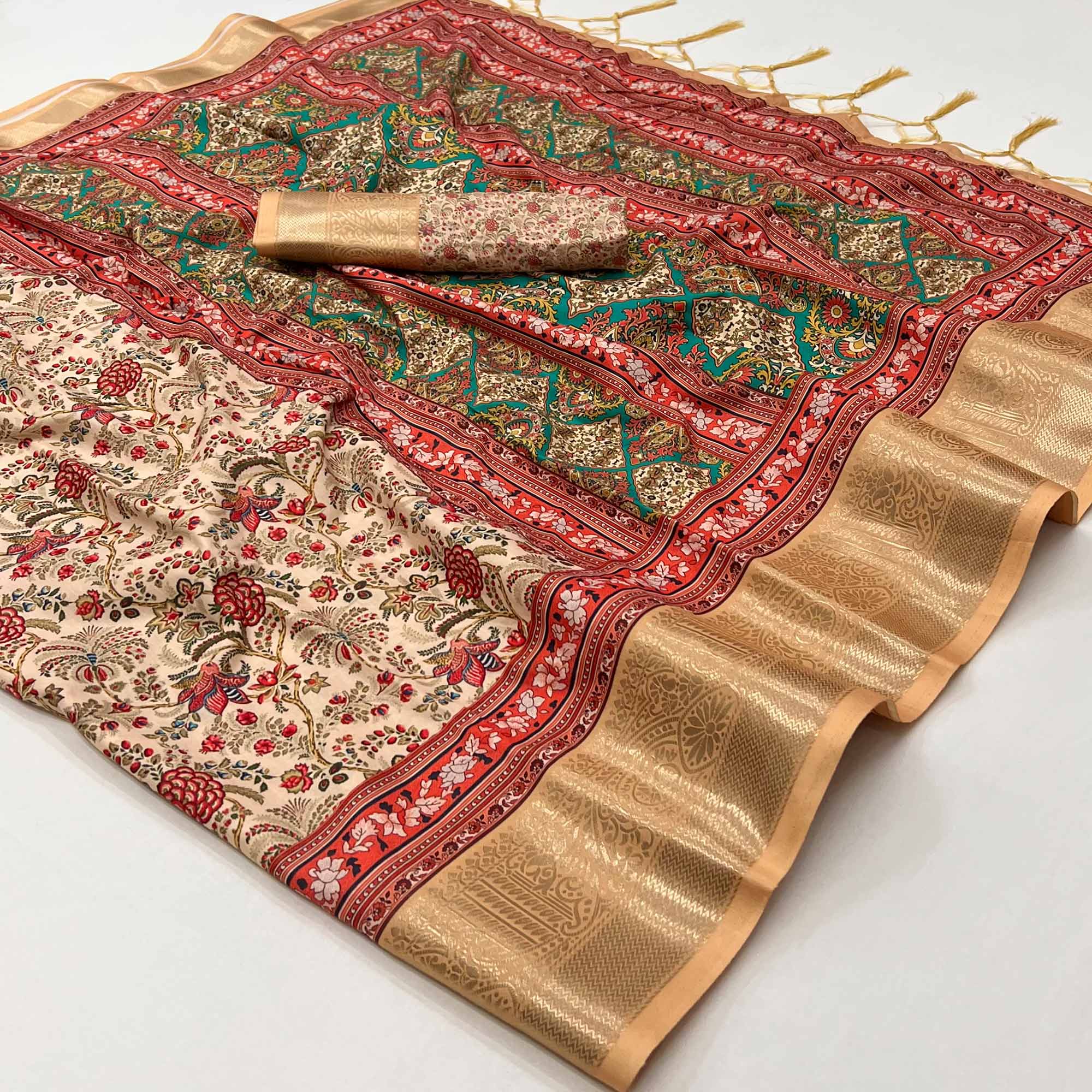 Chikoo Floral Digital Printed Pure Cotton Saree