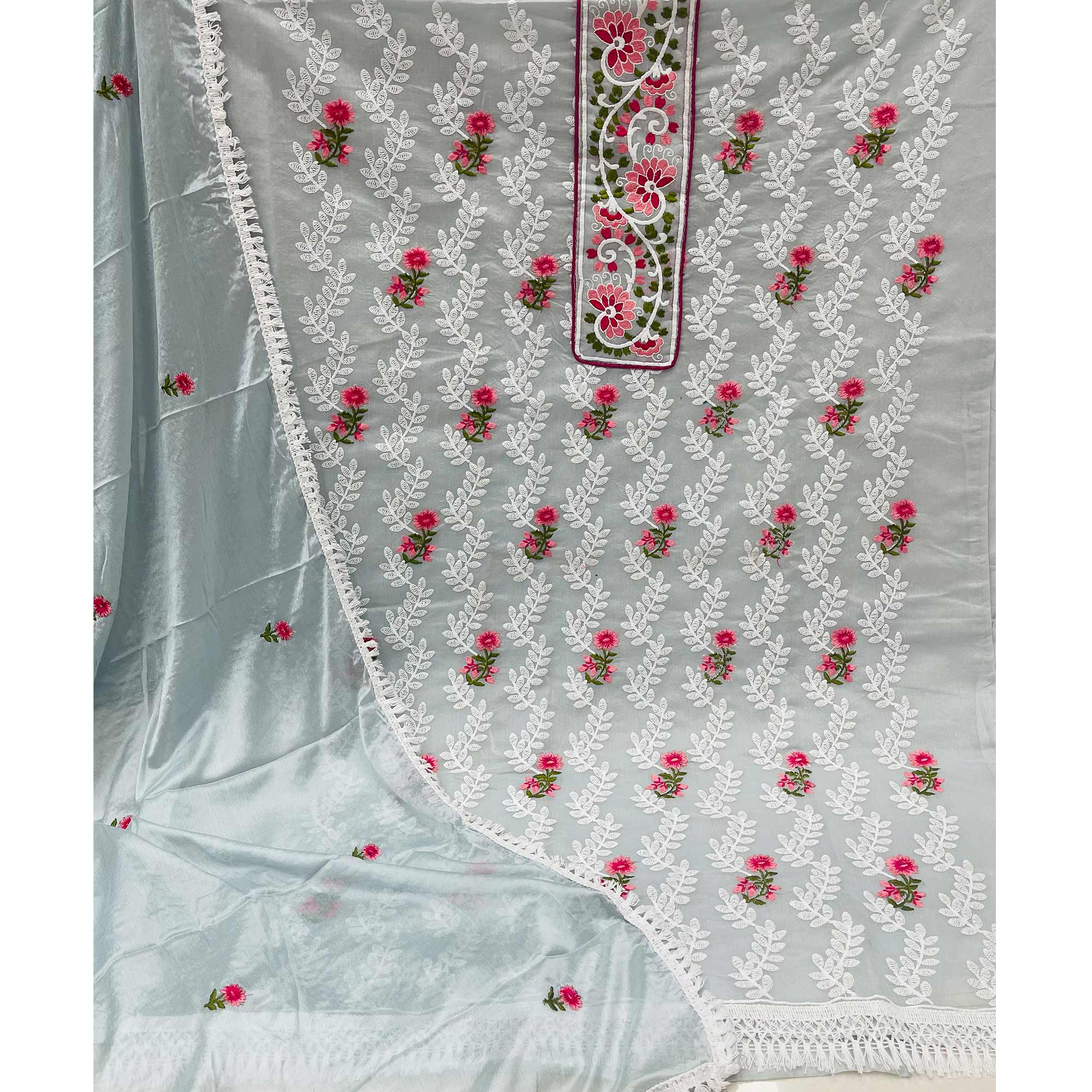 Grey Floral Embroidered Chanderi Dress Material