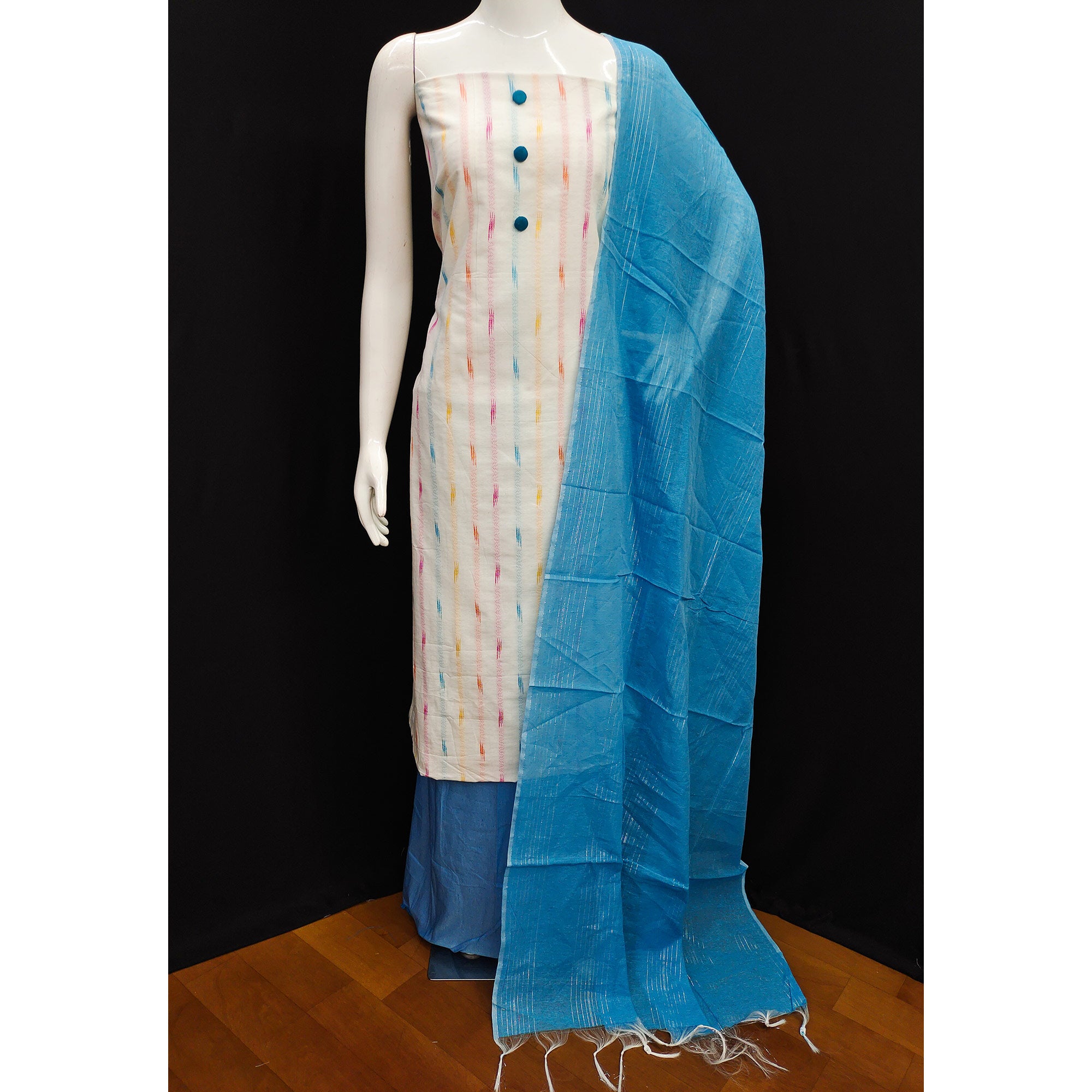 White Blue Strpied Printed Cotton Dress Material
