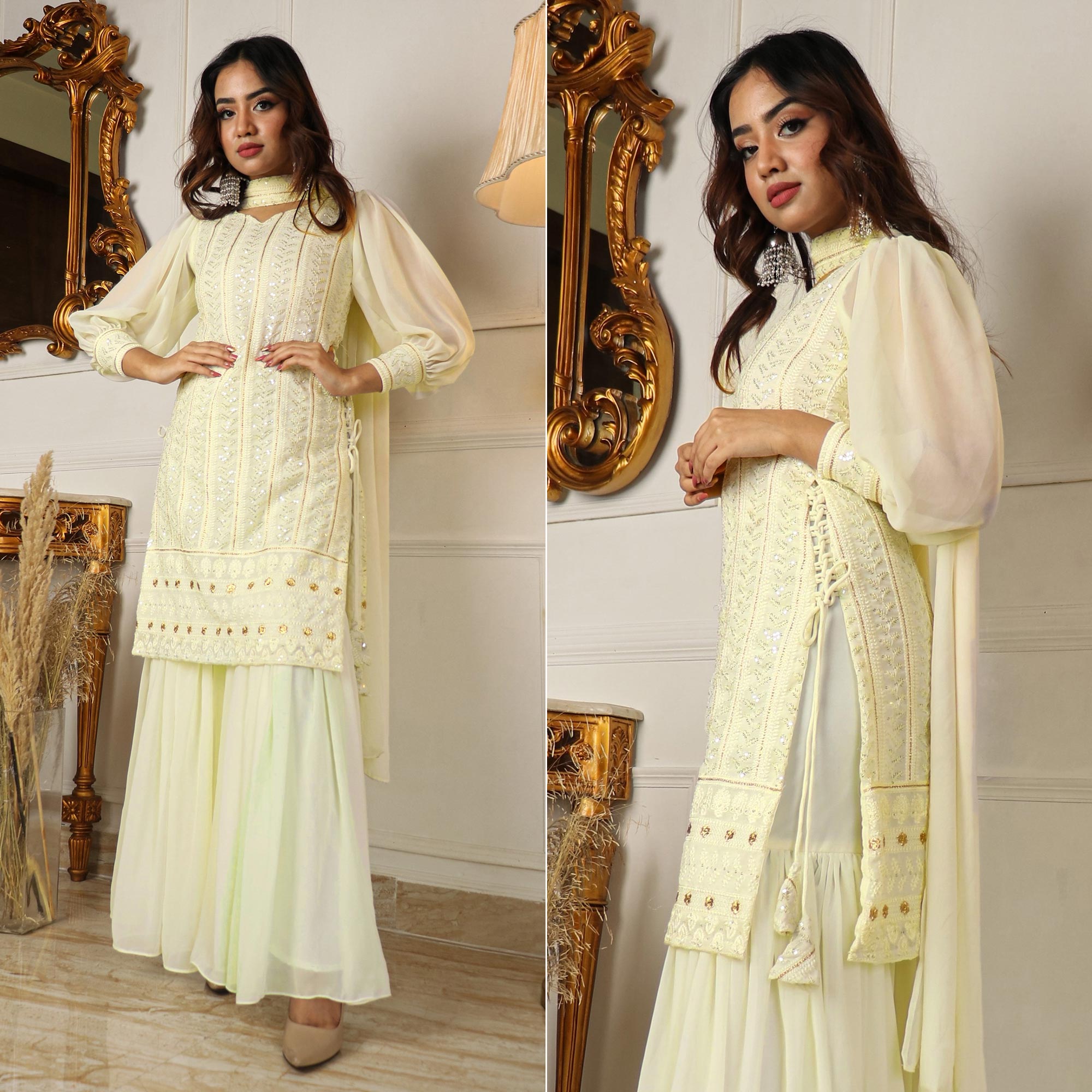 Cream Sequins Embroidered Georgette Sharara Suit