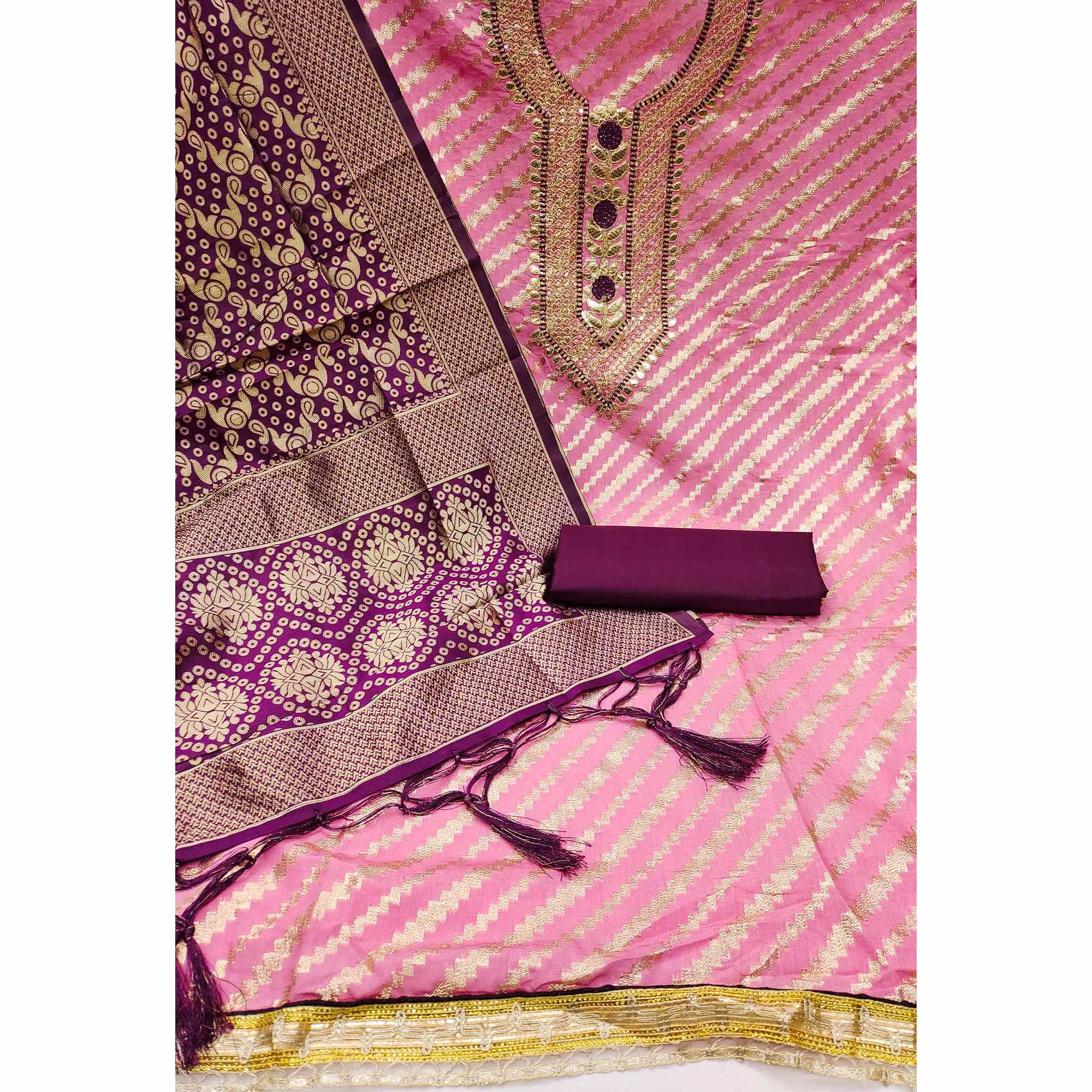 Pink Woven With Embroidered Chanderi Dress Material
