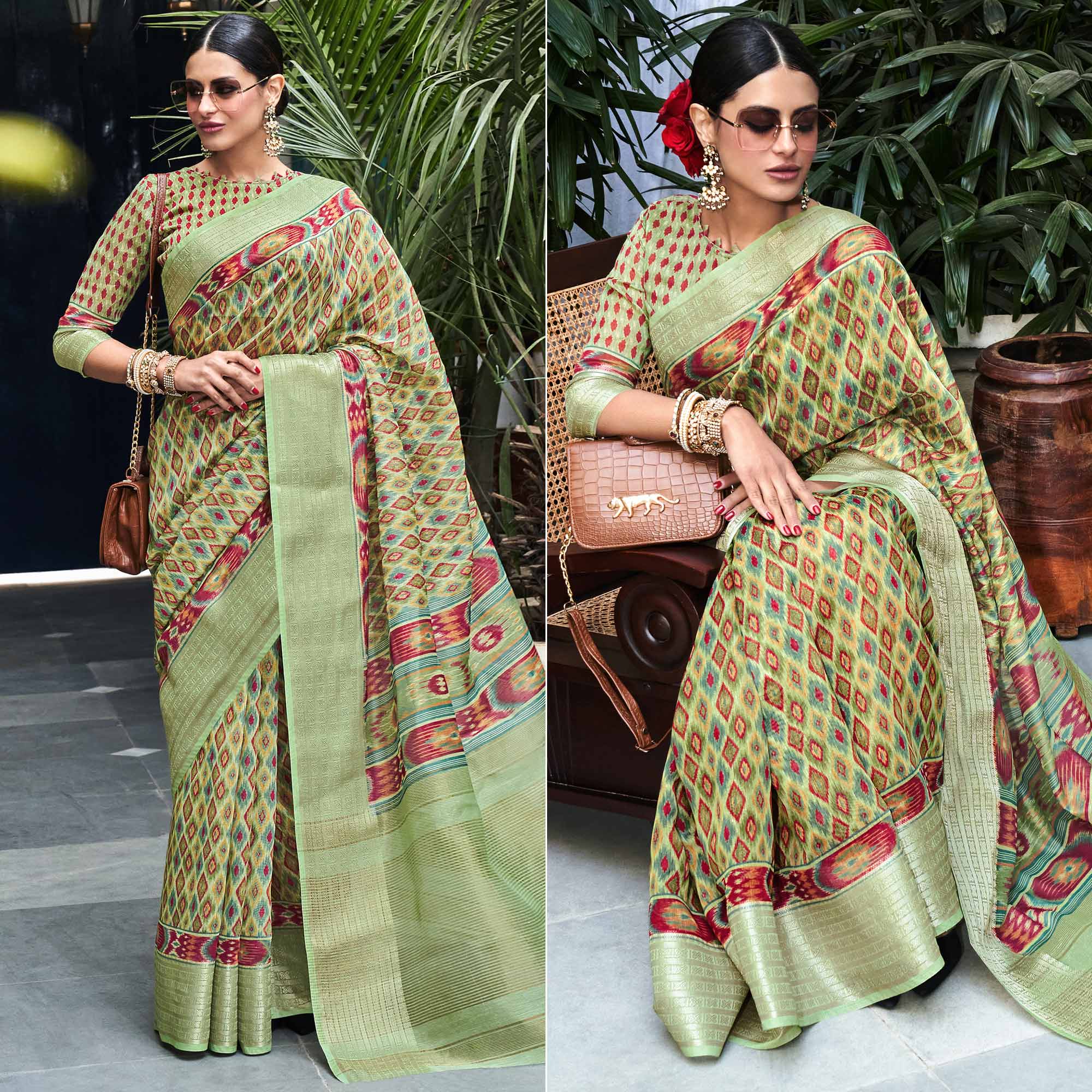 Mint Green Digital Printed Linen Saree