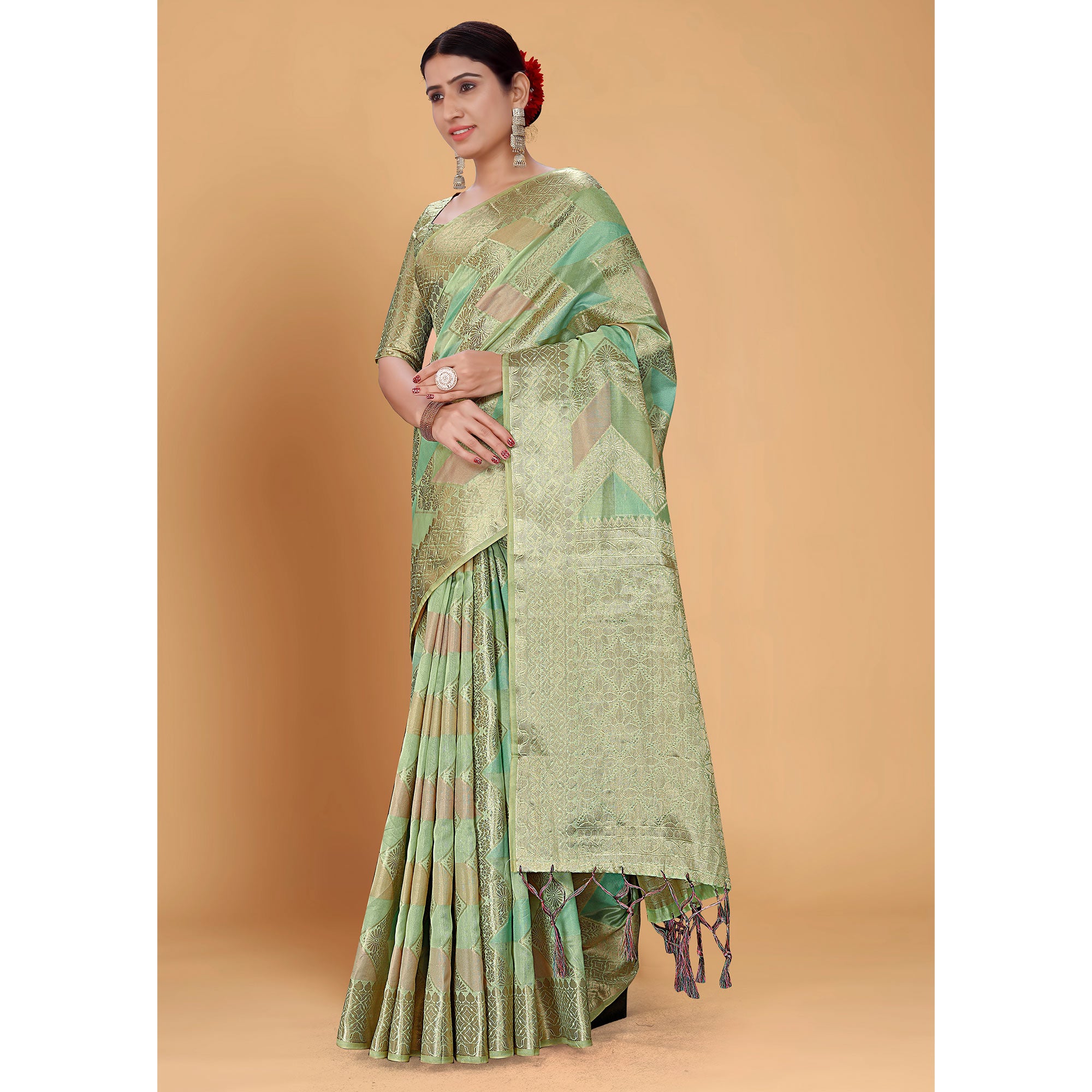 Green Woven Organza Saree With Tassels