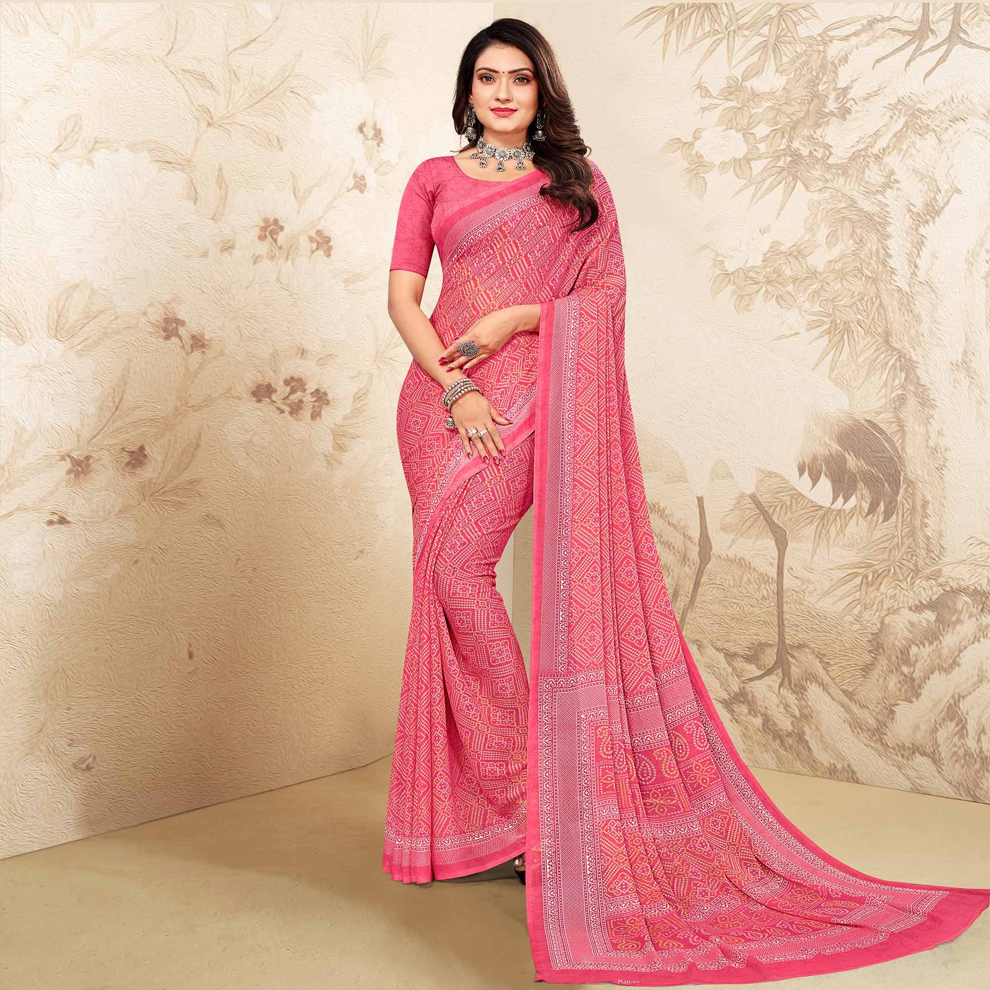 Pink Bandhani Printed Chiffon Saree