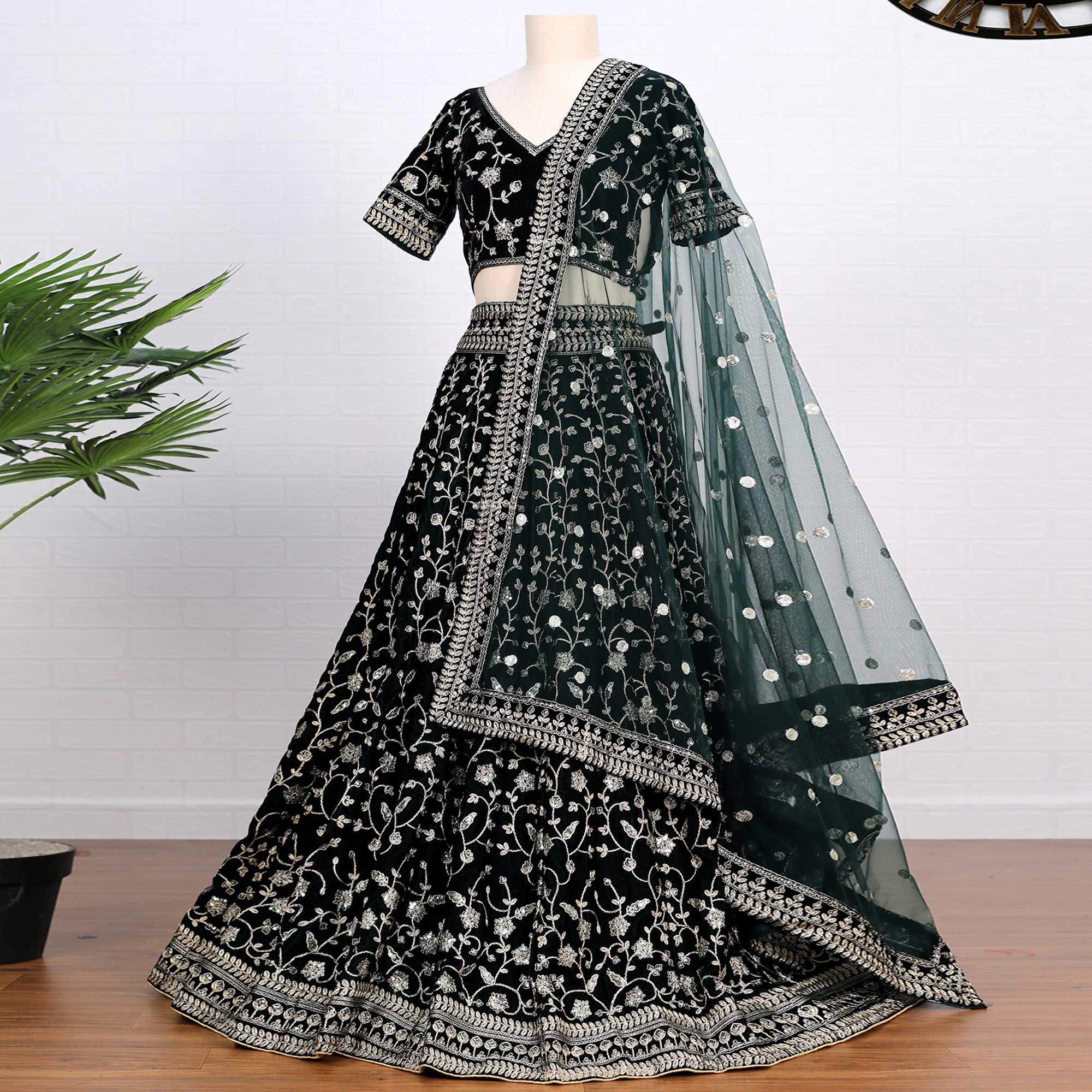 Dark Green Sequins Embroidered Velvet Lehenga Choli