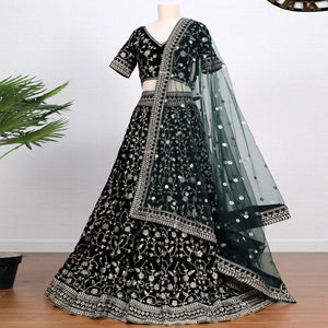 Dark Green Sequins Embroidered Velvet Lehenga Choli
