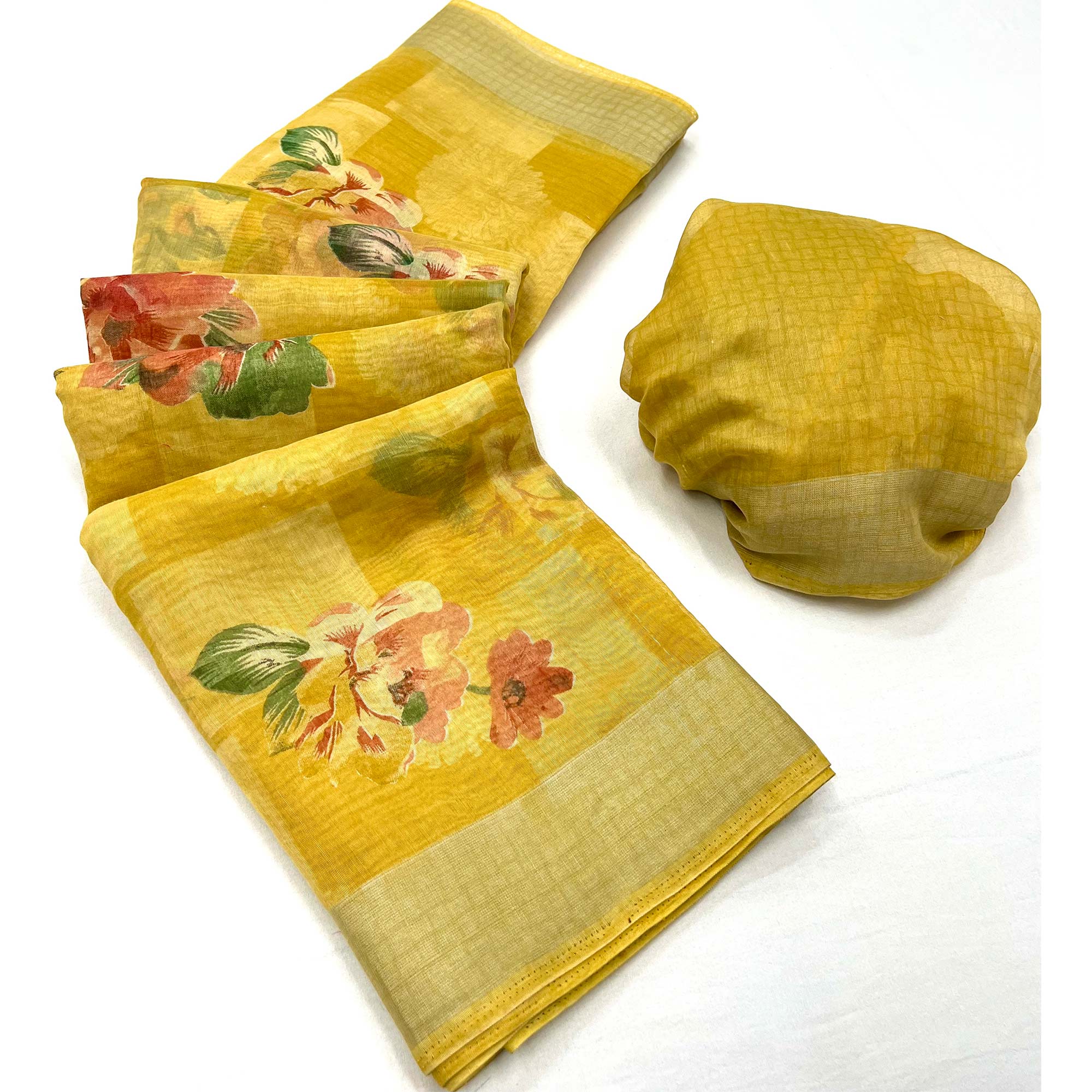 Yellow Floral Printed Linen Saree