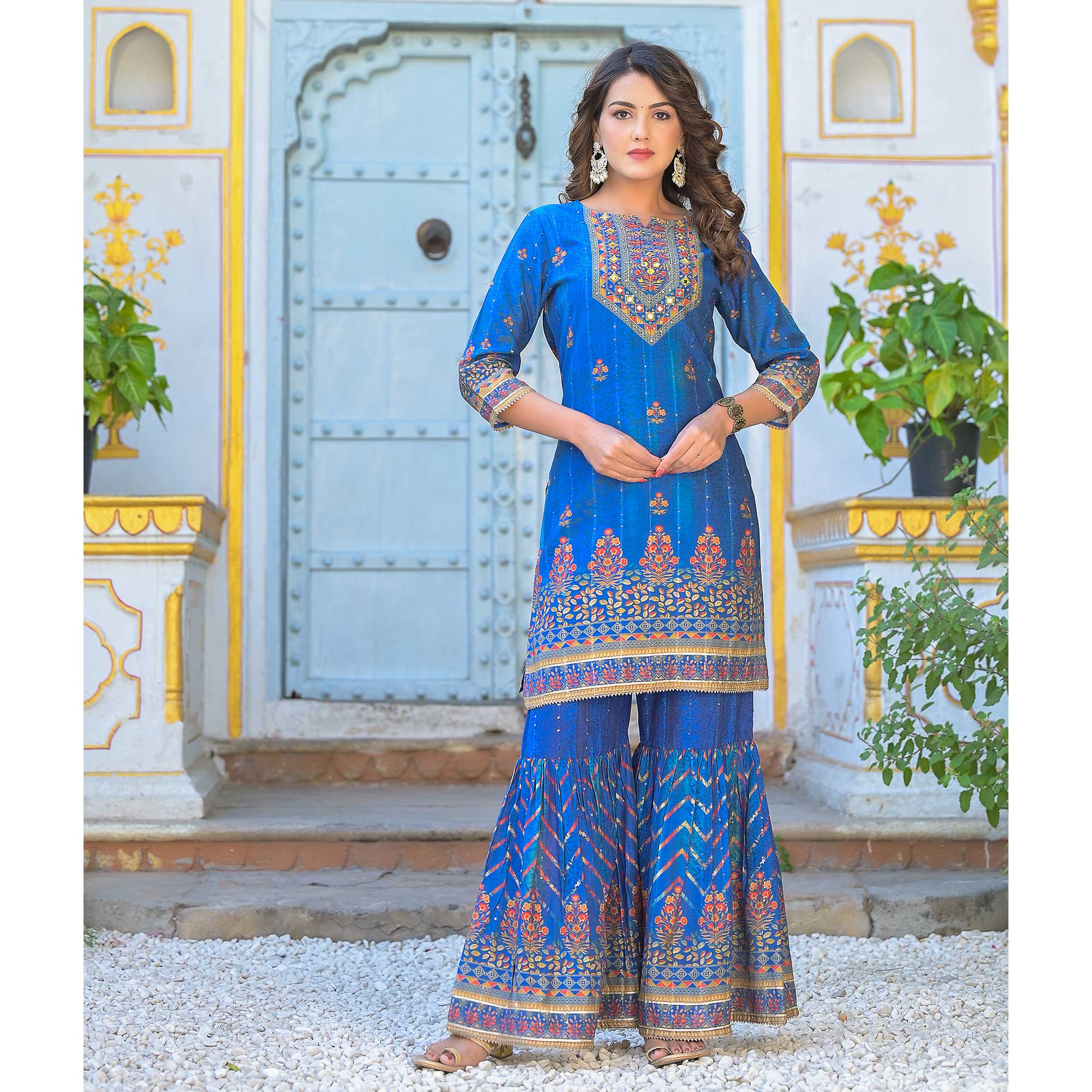 Blue Embroidery With Printed Muslin Sharara Suit