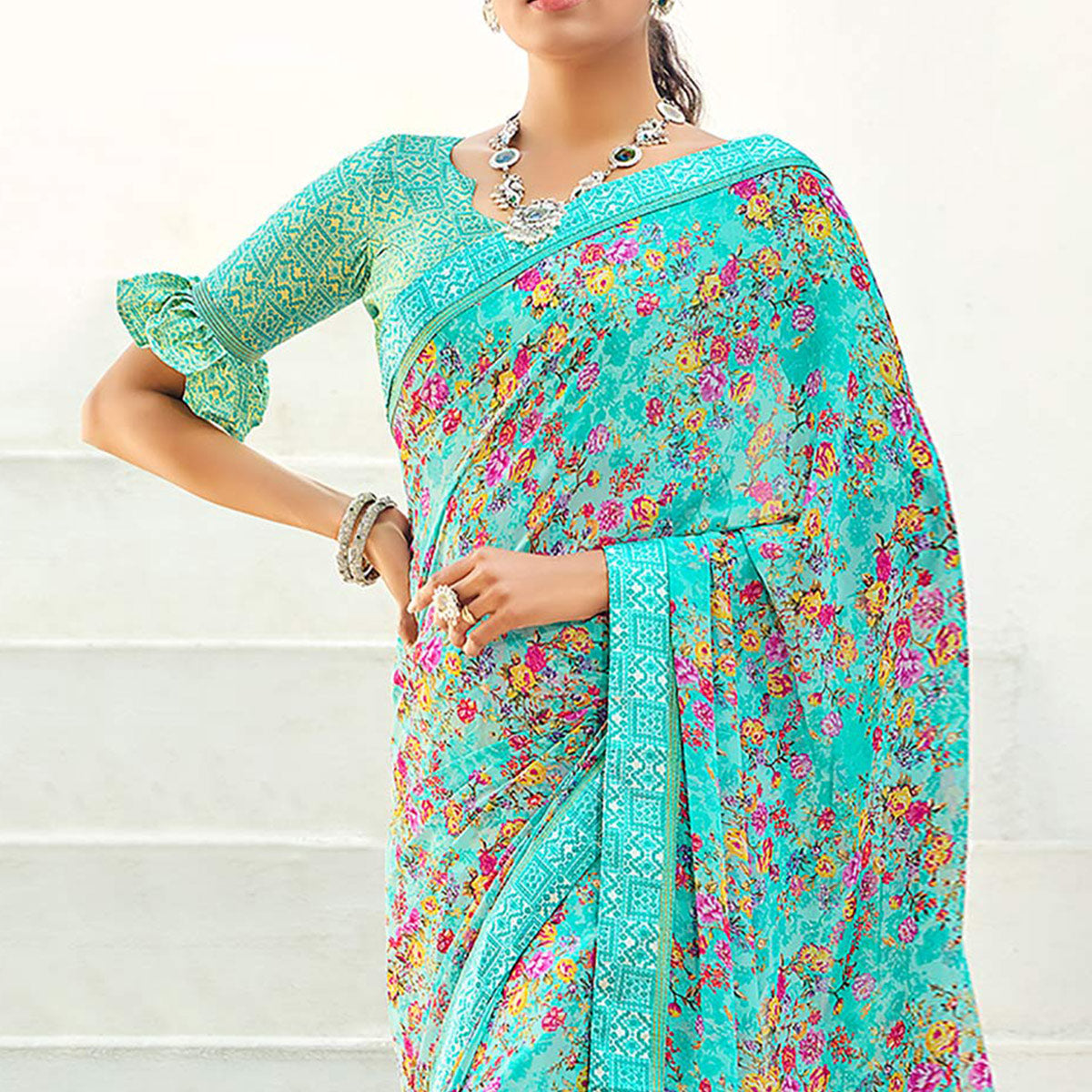 Blue Floral Printed Georgette Saree