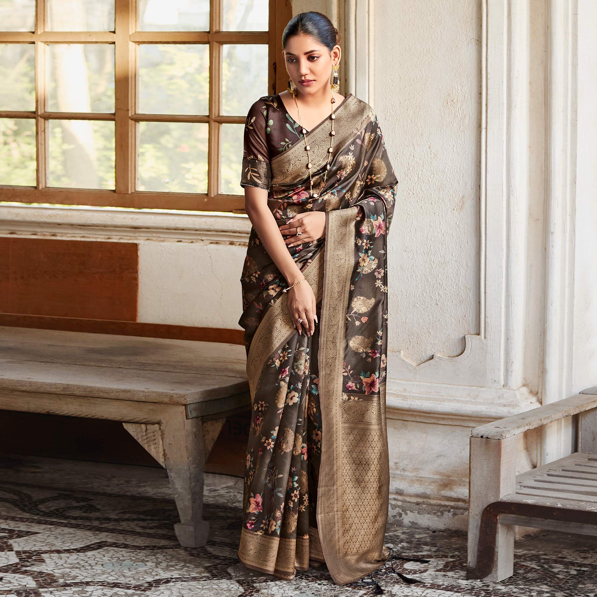 Brown Woven With Floral Printed Art Silk Saree