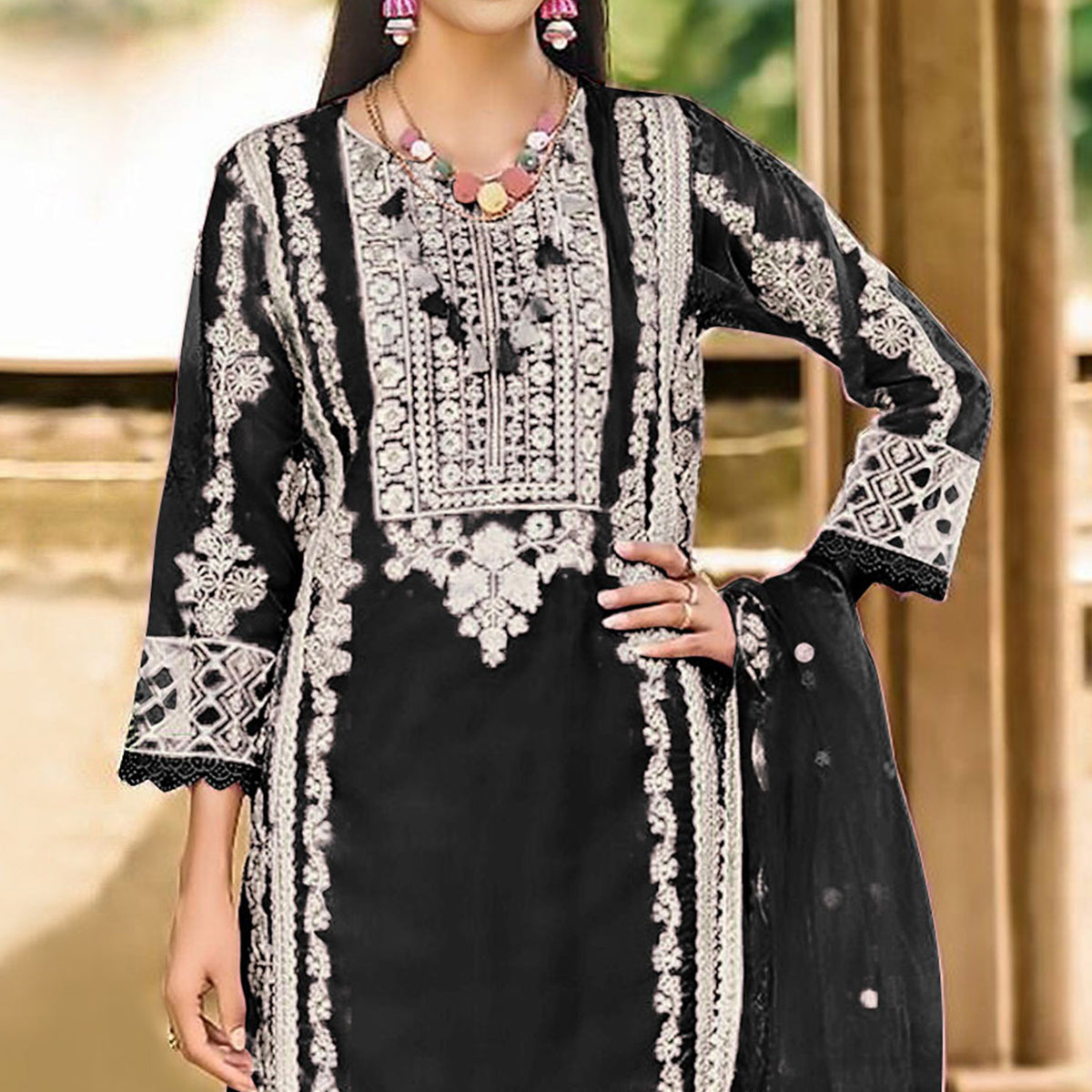 Black Floral Embroidered Organza Pakistani Suit