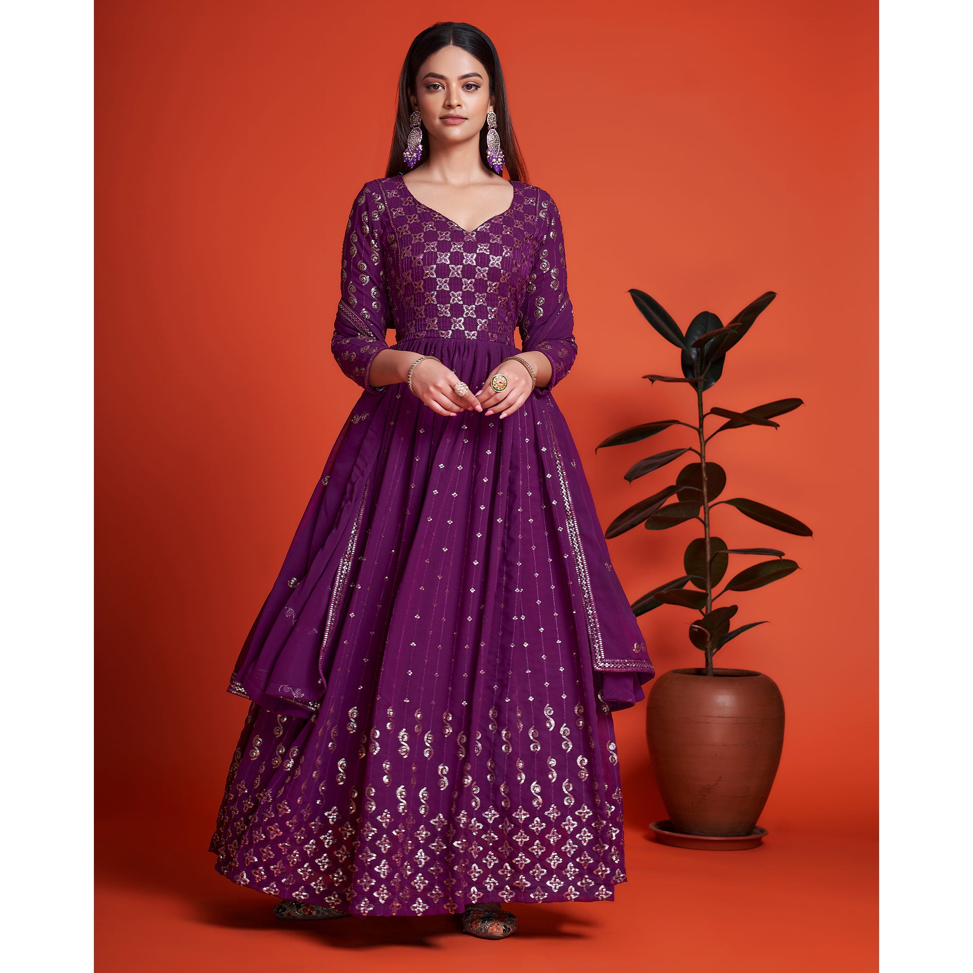 Purple Sequins Embroidered Georgette Gown With Dupatta