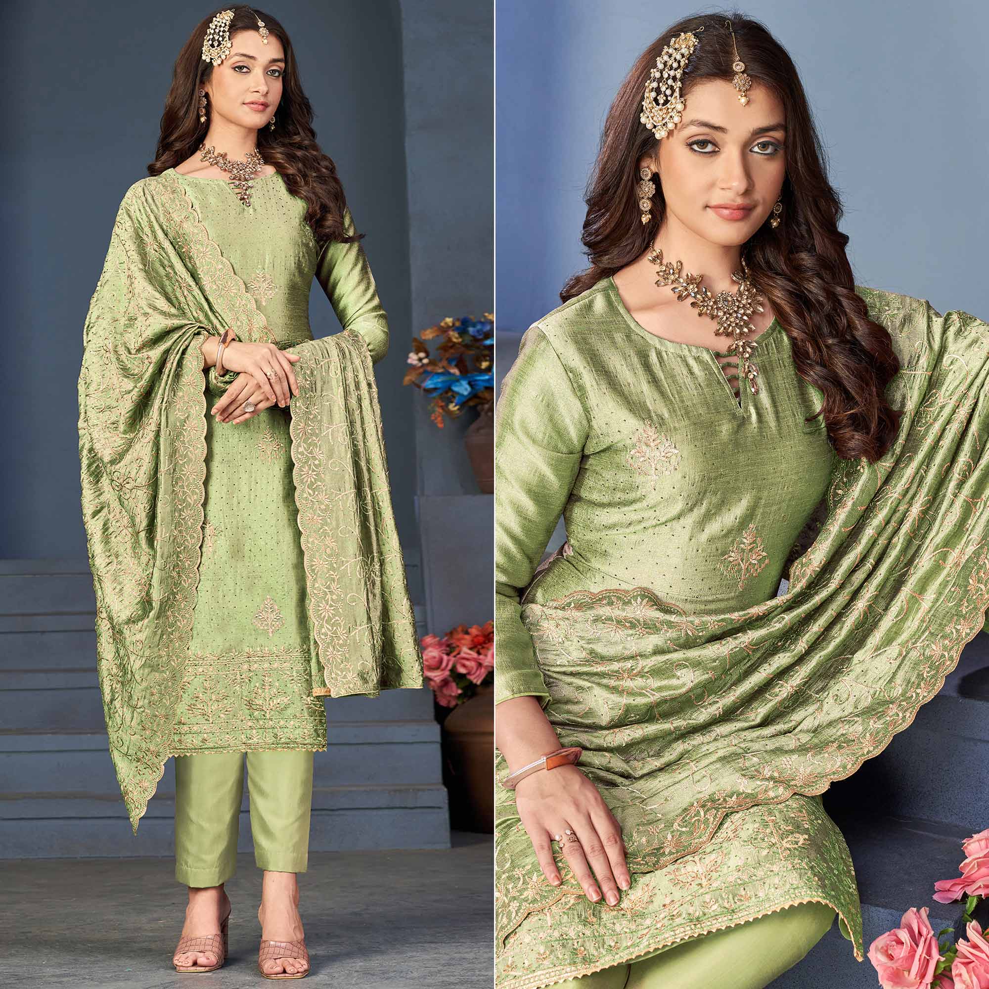 Pista Green Sequins Embroidered Vichitra Silk Suit