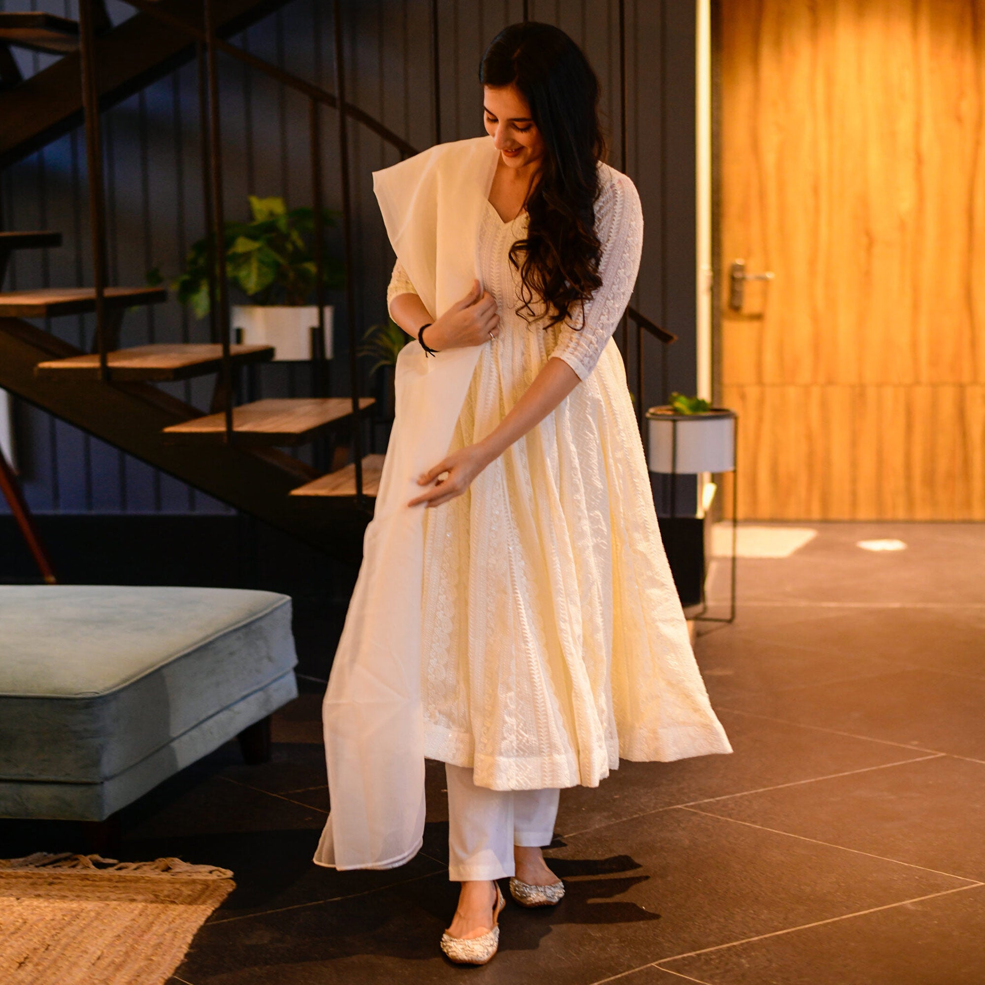 White Lucknowi Chikankari Work Georgette Anarkali Suit