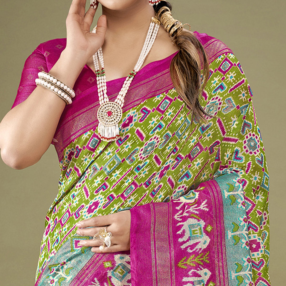 Green Printed Jute Patola Saree