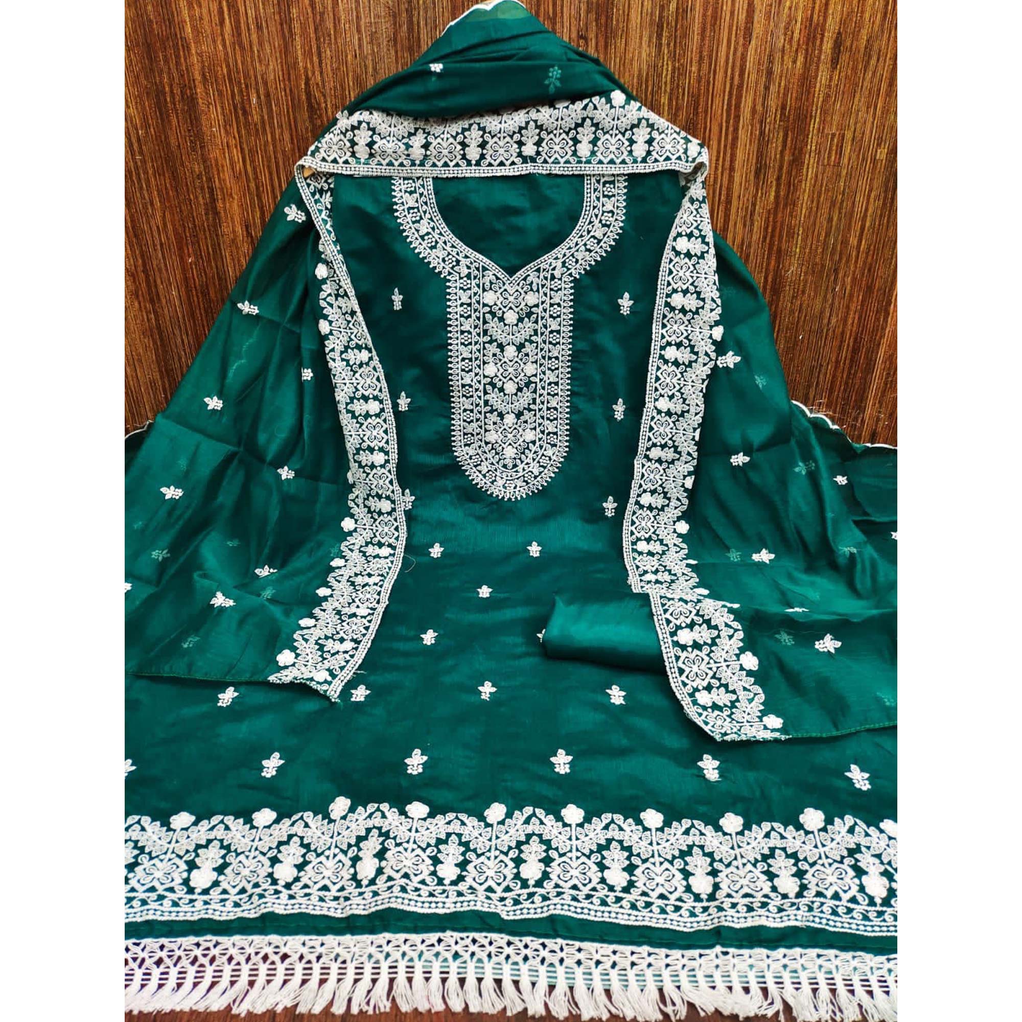 Rama Green Lucknowi Embroidered Modal Dress Material