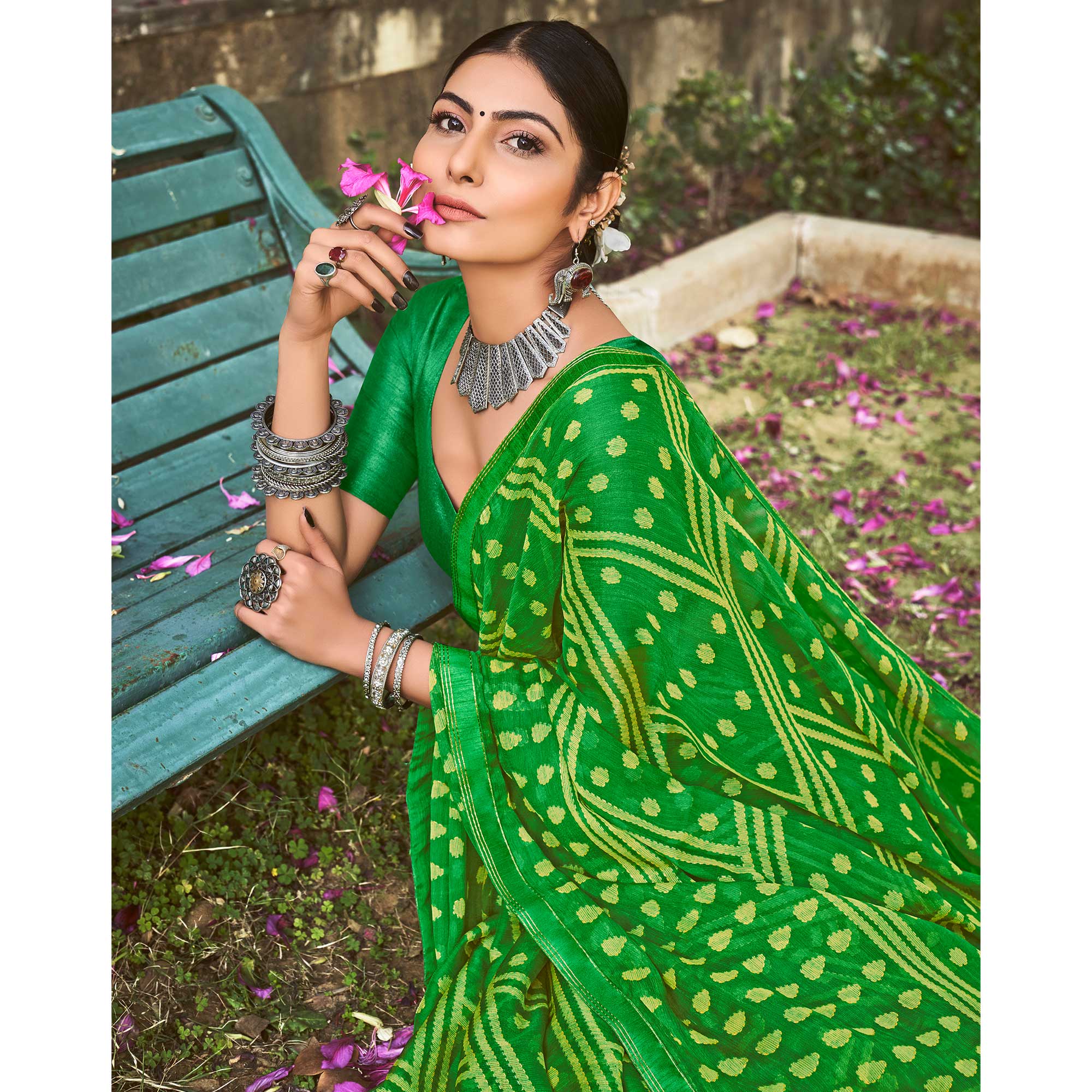 Green Printed Chiffon Saree