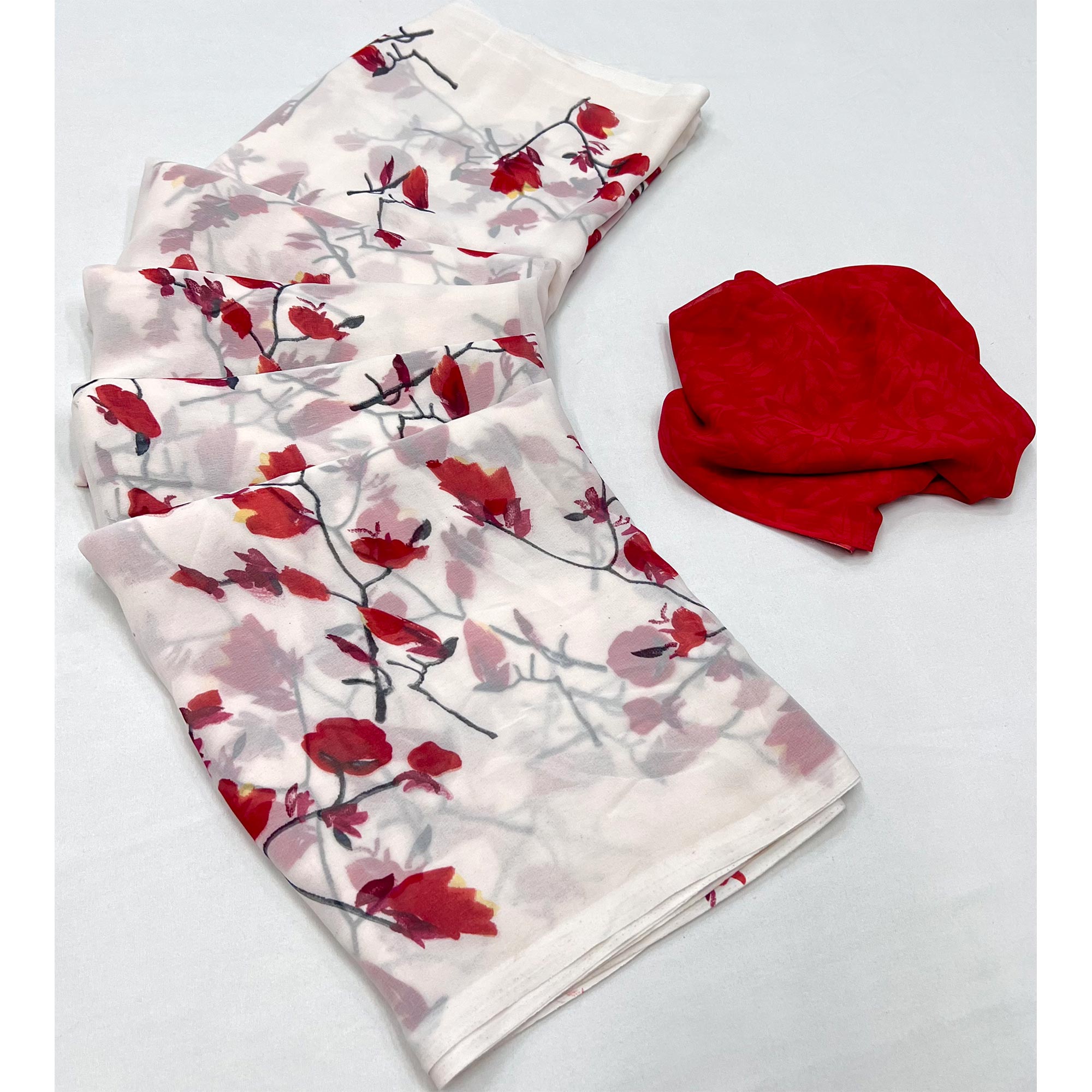 White Red Floral Printed Georgette Saree