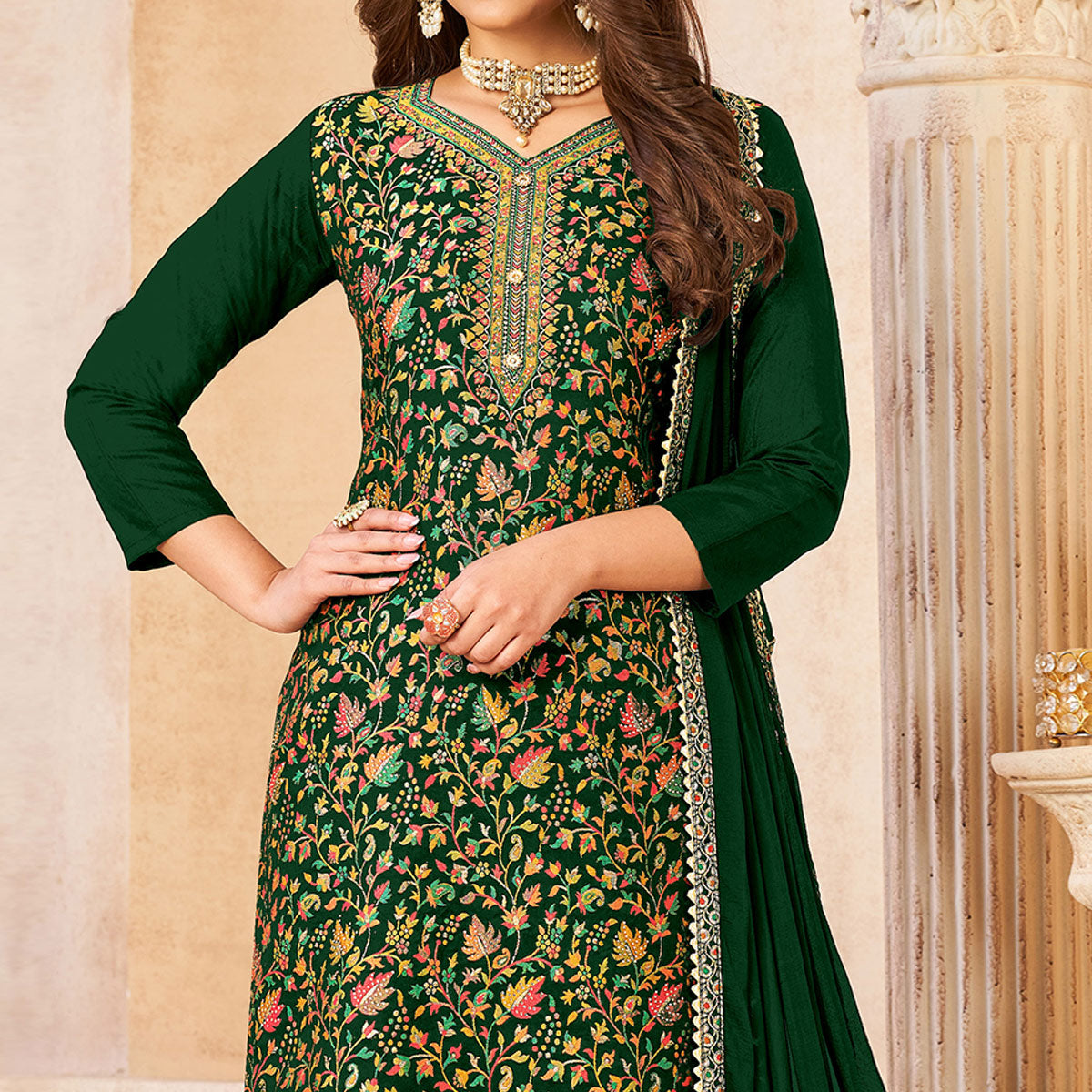 Green Woven Dola Silk Suit
