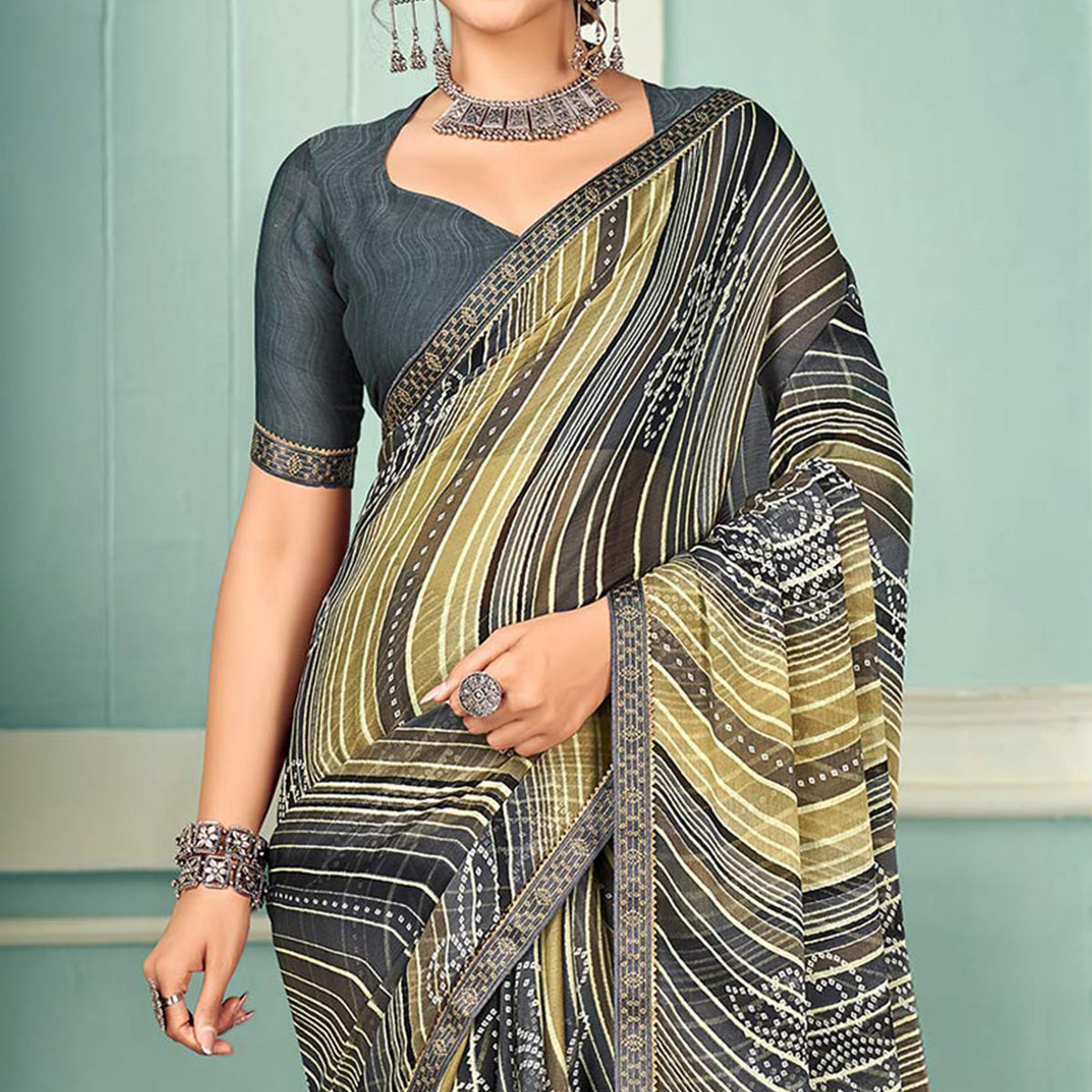 Grey Digital Bandhani Printed Chiffon Saree With Tassels