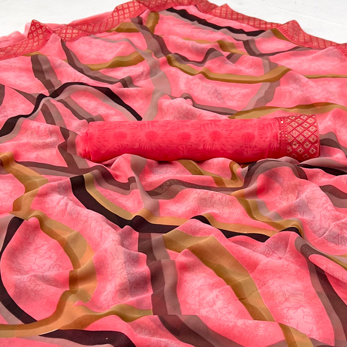 Gajari Pink Printed Georgette Saree