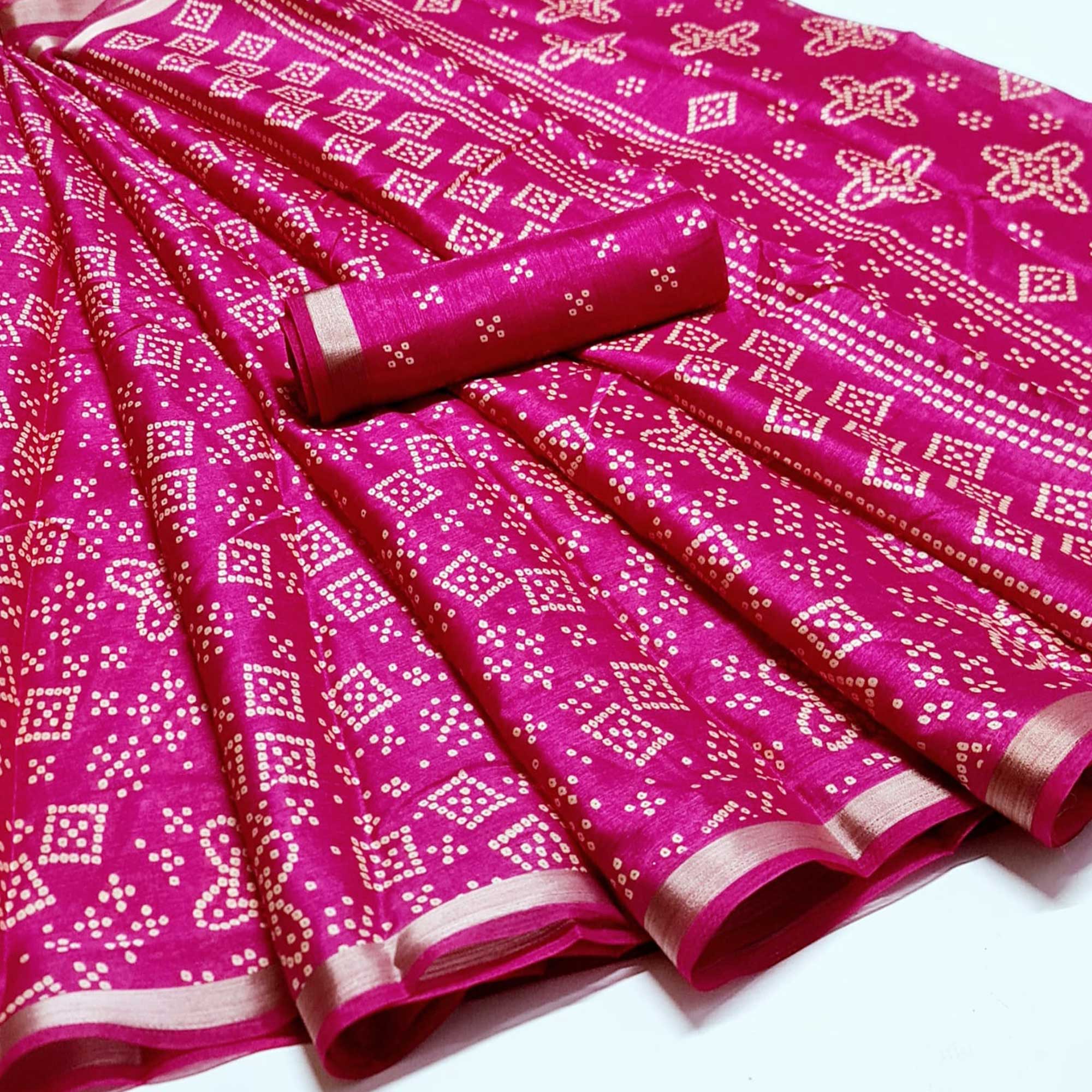 Pink Bandhani Printed Art Silk Saree