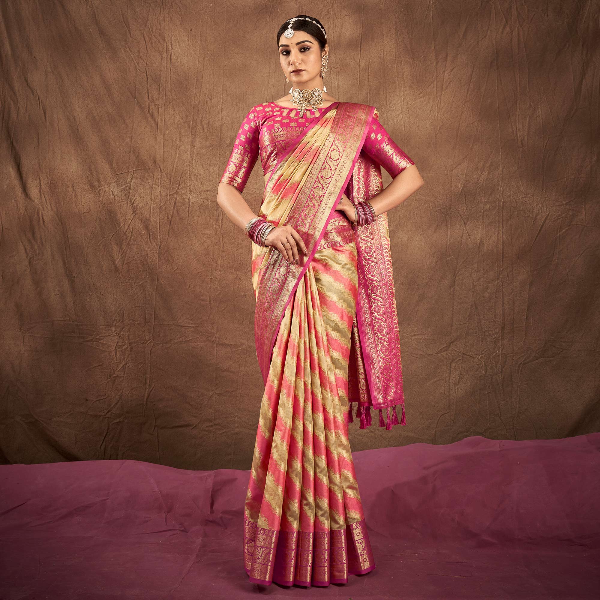 Pink & Chikoo Woven Art Silk Saree